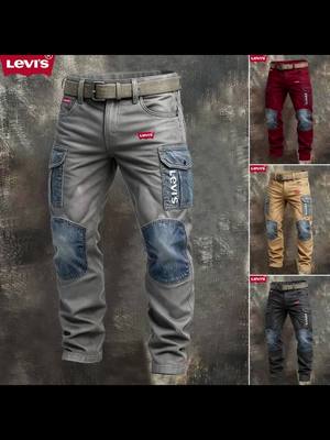 Men's Retro Patchwork Denim Cargo Pants with Multiple Pockets