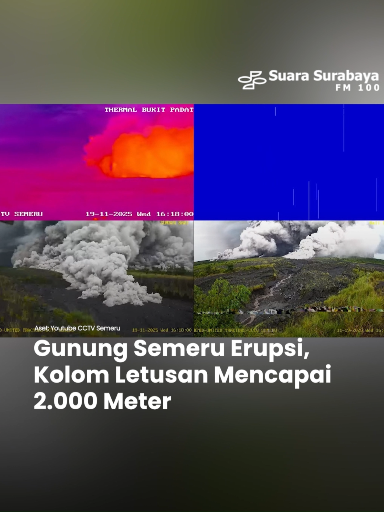 Gunung Semeru mengalami erupsi berupa luncuran awan panas, Rabu (19/11/2025). Pukul 16.00 WIB,  tinggi kolom abu teramati sekitar 2000 meter di atas puncak. Erupsi terekam di seismograf dengan amplitudo maksimum 40 mm dan durasi 1000 detik. Kolom abu teramati berwarna kelabu dengan intensitas tebal ke arah utara dan barat laut. Isnugroho Kepala BPBD Kabupaten Lumajang mengatakan awan panas mulai terekam pukul 14.30 WIB. Sampai pukul 15.00 WIB, luncuran awan panas sudah mencapai jarak 5 kilometer dari puncak kawah Gunung Semeru. Terlihat dari live media sosial warga sekitar dan CCTV, erupsi berupa luncuran awan panas terus berlangsung dan membumbung tinggi. #newSS