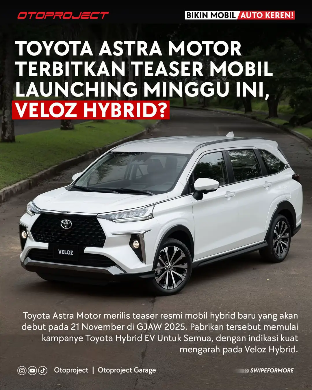 Hallo Sahabat Oto! Toyota Astra Motor melalui akun resmi Toyota Indonesia merilis teaser perdana yang menampilkan siluet mobil hybrid terbarunya. Model tersebut dijadwalkan melakukan debut nasional pada 21 November mendatang dalam gelaran Gaikindo Jakarta Auto Week 2025. Dugaan kuat mengarah pada Veloz Hybrid sebagai model yang dimaksud. MPV ini akan menggunakan mesin 1.500 cc 2NR-VEX yang juga dipakai oleh Yaris Cross Hybrid. Mesin tersebut menghasilkan tenaga gabungan sebesar 111 PS. Konfigurasi hybrid ini disebut akan menjadi standar bagi seluruh lini Veloz karena varian bensin non hybrid tidak lagi ditawarkan. Varian yang tersedia meliputi V HV, Q HV, Q HV Modellista dan Q HV TSS Modellista. Peluncurannya yang tinggal menghitung hari membuat antisipasi publik semakin meningkat terhadap kehadiran Veloz Hybrid di pasar Indonesia. #otoproject #otomotif #aksesorismobil #automotive #carzone      