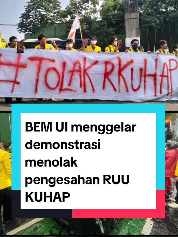 BEM UI menggelar demonstrasi menolak pengesahan Revisi Undang-Undang Nomor 8 Tahun 1981 tentang Kitab Undang-Undang Hukum Acara Pidana atau KUHAP. Mahasiswa Universitas Indonesia (UI) memblokir jalan di depan Gerbang Pancasila, Kompleks DPR, Selasa (18/11/2025). (CNBC Indonesia/Tri Susilo) Badan Eksekutif Mahasiswa UI (BEM UI) menggelar demonstrasi menolak pengesahan Revisi Undang-Undang Nomor 8 Tahun 1981 tentang Kitab Undang-Undang Hukum Acara Pidana atau KUHAP. (CNBC Indonesia/Tri Susilo) Mahasiswa yang mengenakan almamater kuning tiba di Gerbang Pancasila Kompleks DPR sekitar pukul 11.50 WIB dan langsung mendekati pintu gerbang masuk DPR. Mahasiswa terlihat menuliskan seruan aksi mereka ditembok Gedung DPR. Demonstrasi menolak RUU KUHAP ini mereka menempelkan poster dan peraga lain sebagai bentuk tegas penolakan regulasi yang dianggap bermasalah.   Hujan deras tak menyurutkan mahasiswa, di mana belasan mahasiswa memblokir jalan dan membentangkan poster. Kemacetan kendaraan tak terhindarkan hingga ke Stasiun Pal Merah, dengan waktu yang bersamaan para petugas kepolisian langsung mengatur arus lalu lintas. Terlihat mahasiswa UI memberhentikan kendaraan yang diduga ditumpangi oleh anggota DPR di depan Gerbang Pancasila, Kompleks DPR. #demo #ruukuhp #legislatif #dpr #fyppppppppppppppppppppppp 