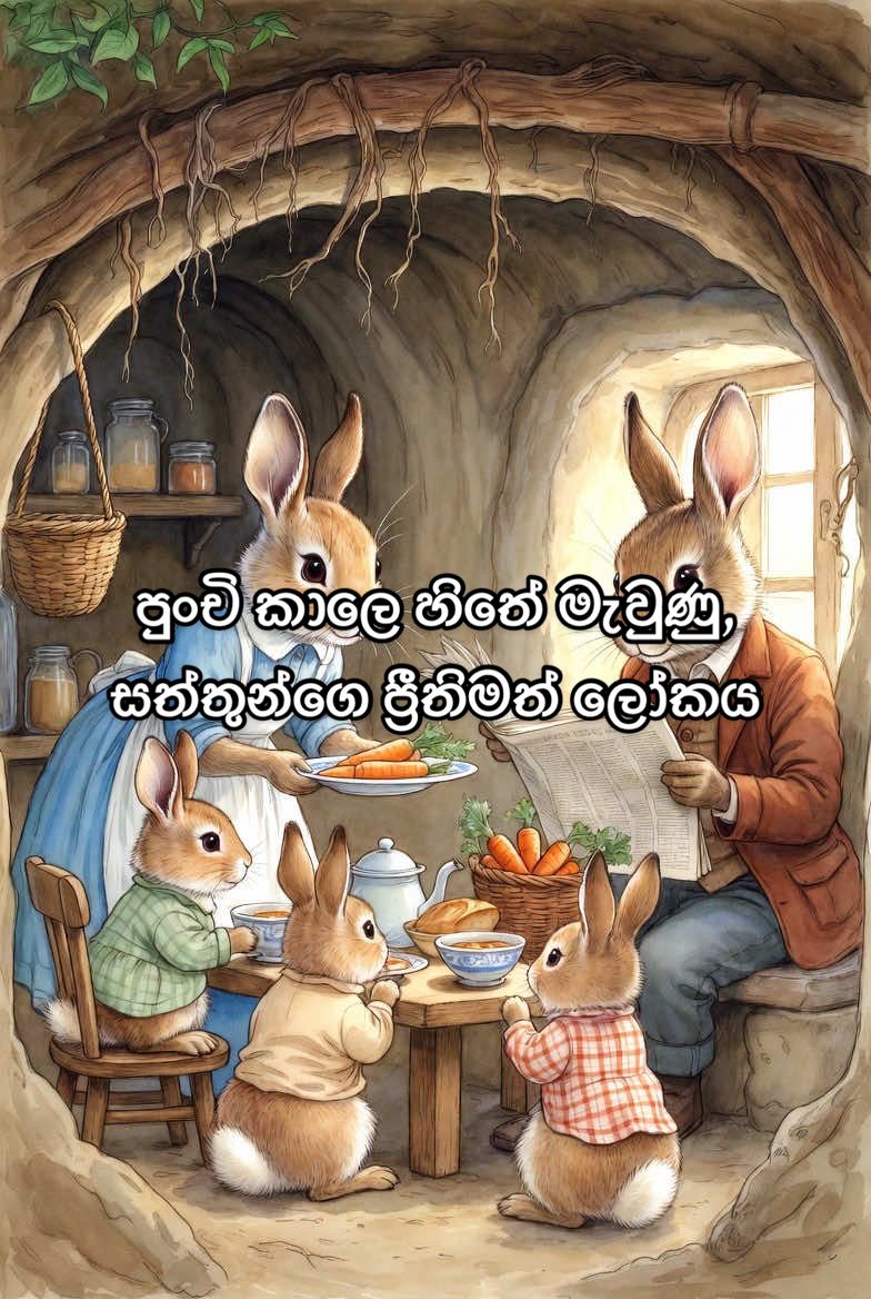 ඔයාලට මතක ද, පුංචි කාලෙ සත්තු ජීවත්වෙන විදිහ හිතේ මැවිලා තිබුණෙ කොහොමද කියල? (ඇත්තටම තාමත් එහෙමයි මැවෙන්නෙ). හාවො, ලේන්නු, මින්ක් මුගටි, වගේ අය, පොළව යට ගුල්වල, ගස් බෙනවල, ගුහාවල, තමයි එයාලගෙ සුවපහසු ගෙවල් හදාගෙන තිබුණෙ. එයාලා ඒවා ඇතුලෙ හරිම උණුසුම්, ප්‍රීතිමත් ජීවිතයක් ගතකරන හැටි මම හිතේ ඇඳගත්තා... පොළව යට හාරපු ගුලක, අම්මයි, තාත්තයි, පැටවු තුන්දෙනයි ඉන්න හාවො පවුලක් ආදරෙන් ජීවත්වුණා. හා අම්මා උදේ කෑමට කැරට්වලින් රස කෑම හදනවා. කෑම ලැබෙනකන්, බඩගිනි පැටවු තුන්දෙනා මේසෙට වෙලා බලාගෙන ඉන්නවා. ඒ අතරෙ උදේ පත්තරේ කියවන එක තමයි තාත්තගෙ පුරුද්ද. මී පවුලෙ හිටියෙ හුරුබුහුටි අම්මයි තාත්තයි පුංචි පුතයි. ලොකු ගෙදරක් ඇතුළෙ තමයි එයාලගෙ ගුල හදලා තිබුණෙ. මිනිස්සු ඉන්න නිසා වැඩිය එළියට යන්න බෑ. මී තාත්තා හොඳට වඩු වැඩ දන්න නිසා, පුතාට සෙල්ලම් කරන්න ලීවලින් සෙල්ලම් බඩු හදලා දුන්නා. අම්මගෙ විනෝදාංශෙ වුණේ එළියෙන් හොයාගන්න නූල්වලින් ඇඳුම් ගොතන එක.  පොකුණක් ළඟ, ලී කෝටු ගොඩක් යට තමයි ගෙඹි පවුල නිදහසේ ජීවත්වුණේ. සීතලේ, වතුරට වෙලා ඉන්න ආසා නිසා පවුලම නිතරම නෙළුම් කොළ යට පික්නික් යනවා. පොකුණ ඉවුරෙ තේ පාටිත් දානවා. ගෙඹි අම්මයි, තාත්තයි, පැටවු තුන් දෙනයි හරිම විනෝදයෙන් ජීවත්වුණා. ගල් ගුහාවක ජීවත්වුණු, තරබාරු දුඹුරු වලස් පවුලෙ හිටියෙ පුංචි නිවුන් බබාලා දෙන්නෙක්. වලස් අම්මා තමයි වැඩිපුරම බබාලා එක්ක ඉන්නෙ. තාත්තා වැඩ ඉවරවෙලා එනකොට රෑ වෙනවා. බබාලට රෑට මීපැණි කන්න දීලා, නින්ද යනකන් අම්මා එයාලව ළං කරගෙන කතන්දර කියල දෙනවා. ගස් බෙනයක තිබුණු ලේන් ගෙදර හරිම හුරුබුහුටියි. ලේන් තාත්තා හැම උදේම වැඩට ගියාට පස්සෙ, අම්මයි, පුංචි දුවයි එකතුවෙලා රස කෑම ගොඩක් හදනවා. චෙස්ට්නට්වලින් හදන කේක් තමයි එයාලගෙ ප්‍රියතම කෑම. කුරුළු පවුලෙ ලස්සන කූඩුව තිබුණෙ උසම උස ගහක. එහෙ පුංචි කුරුළු පැටවු හතර දෙනෙක්ම හිටියා. එයාලා බිත්තරෙන් ආපු අලුත නිසා අම්මයි තාත්තයි දෙන්නම එකතුවෙලා ගොඩක් මහන්සියෙන් වැඩකරා. රෑට පැටවු හතර දෙනාවම, සිනිඳු බ්ලැන්කට්වල ඔතලා, නලවලා නිදි කෙරෙව්වා. ඇත්තටම එයලා ජීවත්වුණු ඒ ලෝකෙ පුදුමාකාර විදිහට ලස්සනයි... #witchycottage #nostalgiacore #dreamy