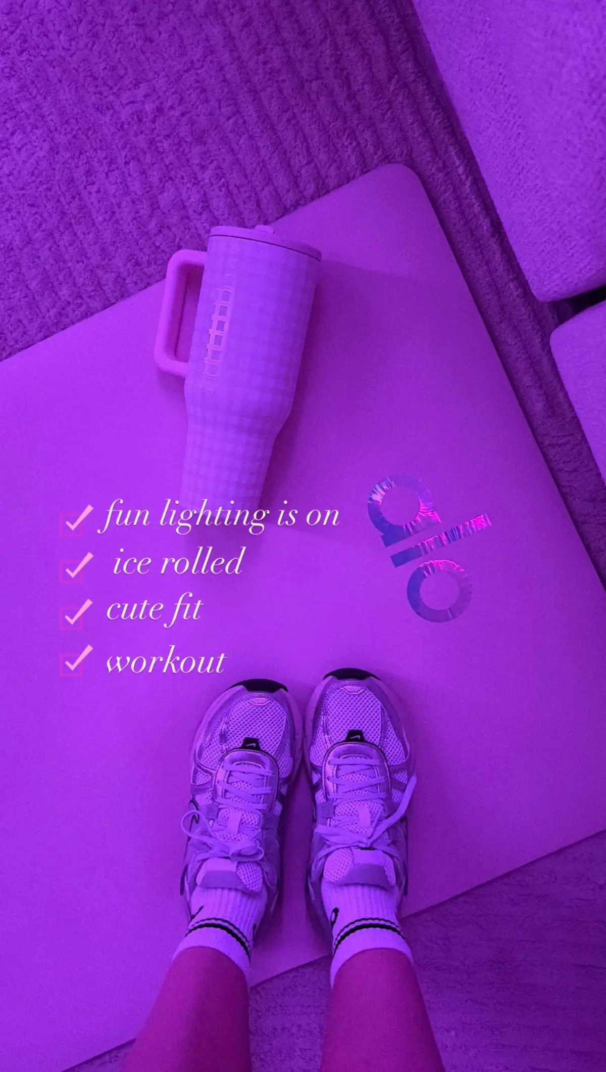 My favorite kind of morning… ice rolled, cute fit, pink mat, cozy lights, and a little moment just for me. I look forward to this feeling every day ,  pure perfection ✨💗