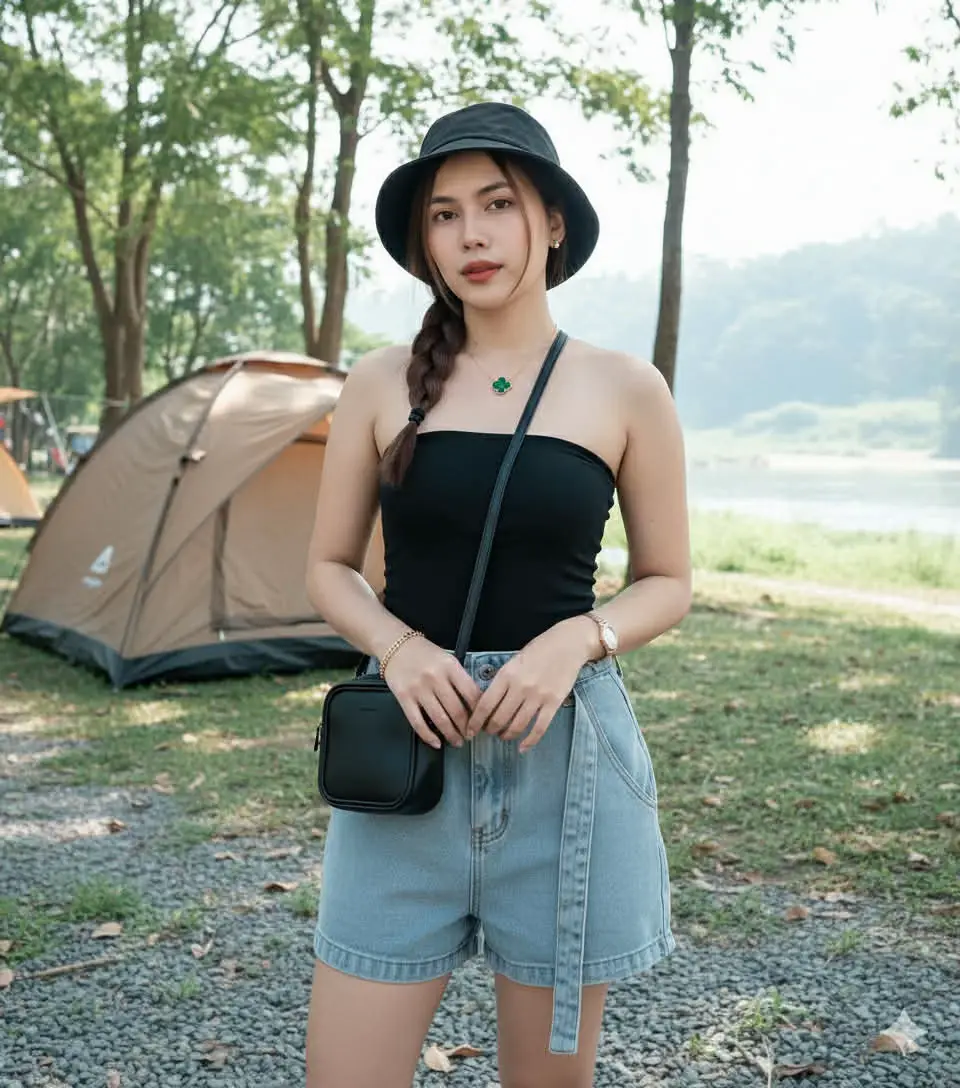 Create a realistic portrait of a young woman whose face must be 100% identical to the reference image — no facial changes allowed. Use the attached reference image as the base for her face. Makeup: Natural, fresh, and light tone with a bright, clean look. Face: Must exactly match the reference face (100% identical). Hair: Long, dark brown hair styled in a loose side braid with a few small hair clips along the braid for a natural look. Let a few soft strands fall loosely around the face. Outfit: A plain black strapless top with no patterns, revealing a slightly slim waist. A short, light-faded denim jumpsuit/overall, loose and oversized in style, with one strap casually hanging down on one side. A black camping-style hat. Accessories and Props: Bag: A small black handbag (crossbody or handheld), either round or box-shaped (Duffel/Box Bag style). Jewelry: A thin gold bracelet on the right wrist. A dark-colored beaded or string bracelet on the left wrist. A minimalist necklace with an emerald green clover-shaped pendant. A minimalist rose gold metal wristwatch. Minimalist-style earrings. Background and Atmosphere: Location: Outdoors / camping site. Elements: Gravel or stone ground, green grass, and trees in the background; a light brown camping tent behind her. Pose: Standing with a stylish, confident posture, looking at the camera with a calm expression. The atmosphere should reflect a peaceful camping scene by a riverside, with a beautiful view, light mist, and a bright, clear sky. Lighting and Color Tone: Natural, clean daylight. Soft, slightly cool-toned light (not orange). Realistic skin tone (not warm). Bright, refreshing, and natural atmosphere. Sunlight filtering gently through leaves, casting soft light and natural shadows on her face and body to create depth and dimension. Photography Style: Dreamlike cinematic style with crisp, high-contrast tones (not orange). Soft focus, high detail, and realistic textures. Aspect ratio: 9:16. Full-body long-shot composition #gemini #fyp #foryoupage 