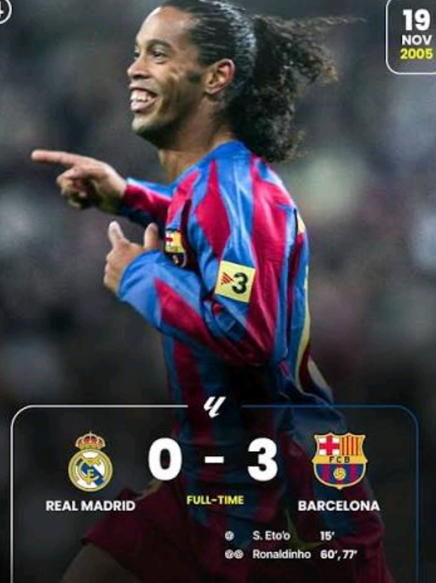 El 19 de noviembre de 2025 se cumplen 20 años de la victoria 3-0 del FC Barcelona sobre el Real Madrid en el estadio Santiago Bernabéu. El resultado fue en la temporada 2005-2006, con una destacada actuación de Ronaldinho, quien anotó dos goles y recibió una ovación de los aficionados del Real Madrid. el FC Barcelona ha presentado su cuarta equipación para la temporada 2025-2026 en conmemoración del 20º aniversario de la victoria por 0-3 en el Santiago Bernabéu. #eeuu🇺🇸  #fcbarcelona  #fcbarcelona🔵🔴  #RealMadrid  #ronaldinho  @fcbarcelona 
