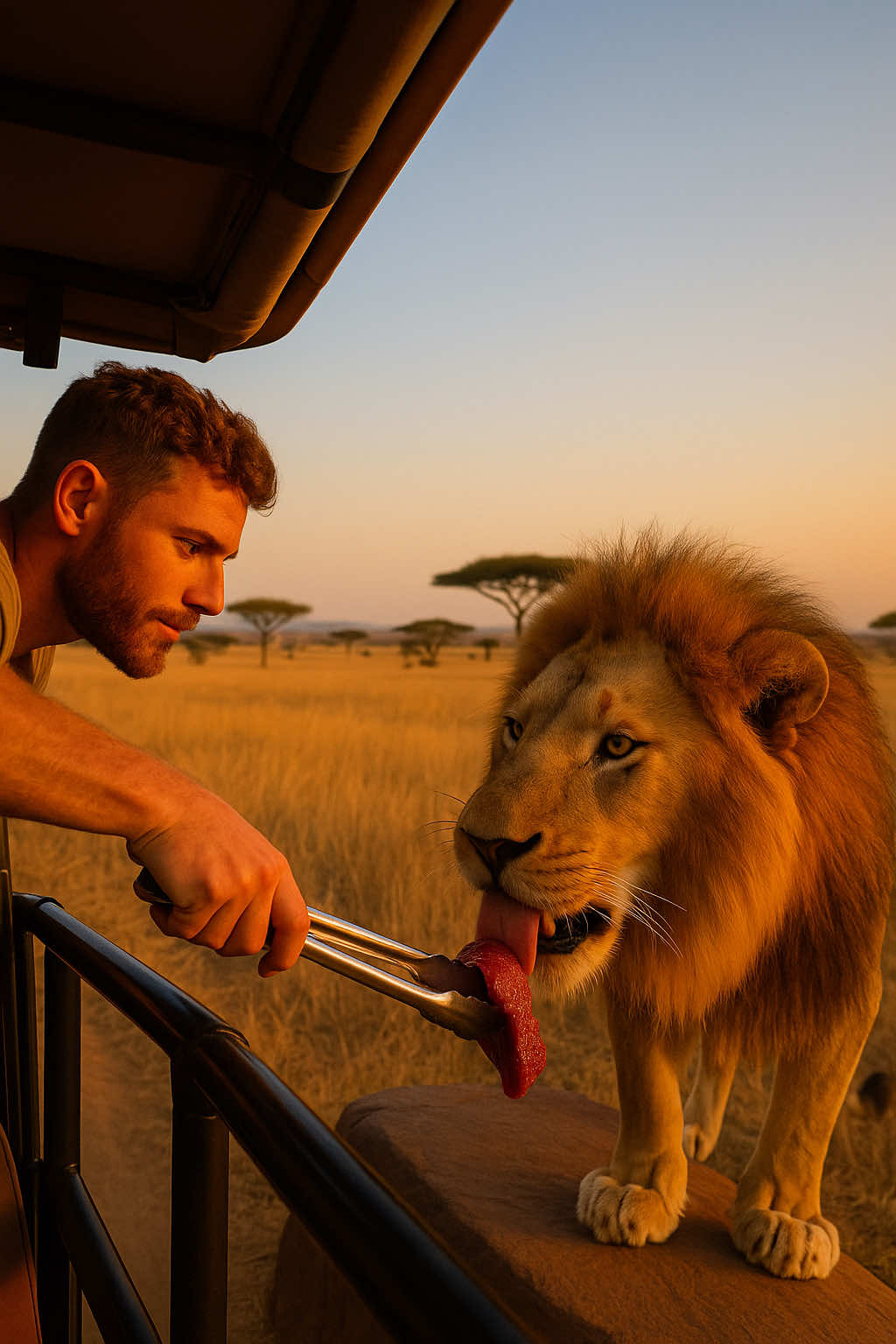 Tourist Feeds a Lion at Sunset 🦁😳 | AI Realism A dramatic AI-generated safari moment of a tourist offering a lion a piece of steak. Fully fictional — made using AI visual storytelling. AI Realism Disclaimer: This TikTok features AI-generated imagery only. No people or animals were present, harmed, or interacting in real life. #ai #aireelism #airealism #lion #safari
