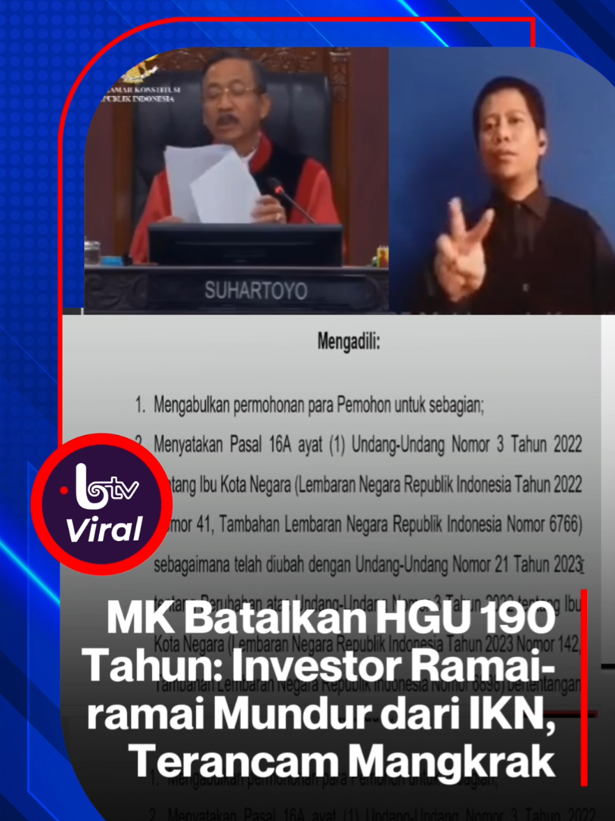 Pasca terbitnya keputusan Mahkamah Konsitusi (MK) yang membatalkan pemberian hak guna usaha (HGU) hingga 190 tahun di Ibu Kota Nusantara (IKN) Nusantara yang aturannya diterbitkan era Jokowi. Rasa-rasanya, bakal banyak investor yang mundur dari IKN. Makin sulitlah proyek IKN yang memerlukan investasi Rp466 triliun, bakal berkembang. Dikhawatirkan, IKN menjadi proyek mangkrak. Seorang karyawan swasta, Stepanus Febyan Babaro serta Ronggo Warsito yang berprofesi sebagai pedagang, bersorak girang. Lantaran itu tadi, MK membatalkan pemberian HGU 190 tahun di IKN. Keduanya mengajukan gugatan bernomor perkara 185/PUU-XXII/2024. Kedua pemohon itu, menguji konstitusionalitas norma pasal 16A ayat 1, ayat 2, ayat 3 UU Nomor 21 Tahun 2023 tentang Perubahan Kedua atas UU Nomor 3 Tahun 2022 tentang IKN. Tak hanya HGU, MK juga memutuskan pemberian hak guna bangunan (HGB) dan hak pakai (HP) 160 tahun di IKN, tidak mempunyai kekuatan hukum mengikat. Putusan ini menganulir dua siklus di HGU, HGB dan HP dianulir. Berdasarkan revisi UU Nomor 3 Tahun 2022 tentang IKN, hak kelolaan atas lahan dalam bentuk HGU di IKN terbagi menjadi dua siklus. Atas putusan itu, juru bicara Otorita IKN, Troy Pantouw menyatakan, sangat menghormati dan menaati keputusan MK itu. Selanjutnya, OIKN akan berkoordinasi dengan Kementerian ATR/BPN dan lembaga lainnya yang terkait untuk menyelaraskan aturan teknis di lapangan. ujar Troy, Selasa (18/11/2025). Troy menambahkan, Otorita IKN dan Kementerian/Lembaga serta dunia usaha terus menyelesaikan pembangunan sarana dan prasarana, khususnya untuk menyelesaikan ekosistem legislatif dan yudikatif pada 2028. Langkah ini, Menurut Troy, sesuai dengan arahan dari Presiden Prabowo Subianto. Sumber : inilah.com Aset : YT/@mahkamahkonstitusi #AyoNobarBTV #MK #Batalkan #HGU190Tahun #InvestorMundurdariIKN 