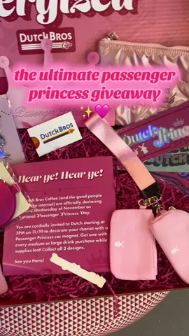 hear ye! hear ye! calling all passenger princesses 👸 we want to treat you to the ultimate passenger princess kit filled with all the necessary items to maintain your princess status Here’s how to enter: ✨ like this post  ✨ follow @dutchbroscoffee on Tikok  ✨tag the noble king who takes the driver seat in the comments Giveaway opens Wednesday, November 19th at 9am PT and closes Monday, November 24th at 11:59 PT. The winners will be announced Tuesday, November 25th. NO PURCHASE NECESSARY. US legal residents 18+. Void where prohibited. Restrictions apply. See Official Rules via the link in bio. #passengerprincess #princess #dutchbros #giveaway 