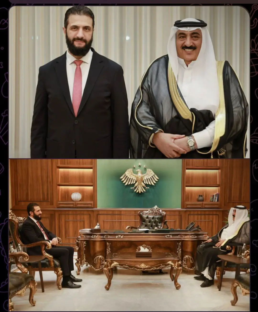 الرئيس أحمد الشرع يستقبل في قصر الشعب الشيخ مانع حميدي الجربا، شيخ قبيلة شمر. وجرى خلال اللقاء الحديث عن مستجدات الأوضاع في المنطقة الشرقية، والمساعي الرامية إلى إدماج المنطقة بشكل كامل ضمن مؤسسات الدولة السورية والبنية الوطنية.