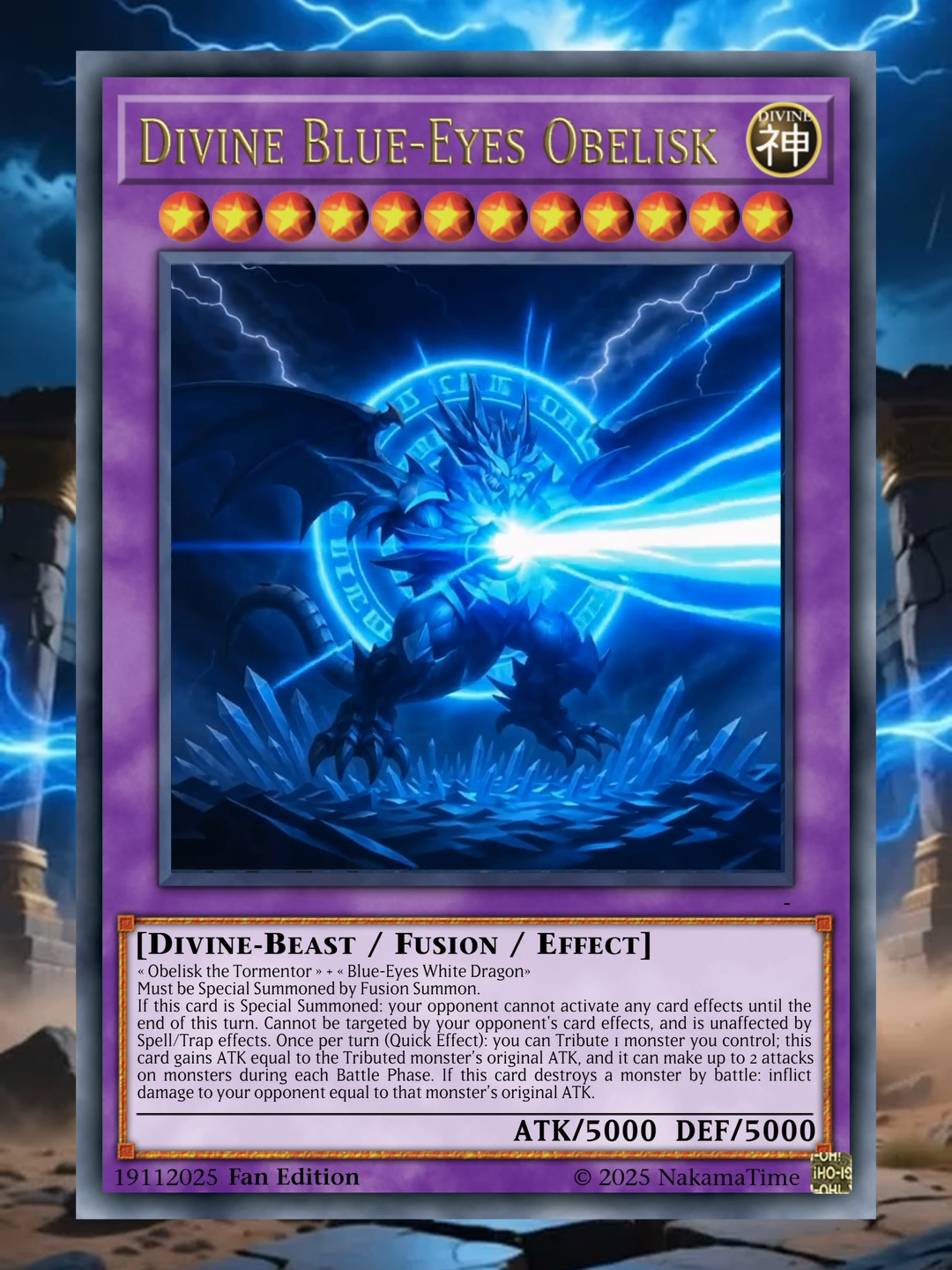 🃏 (EN) Fanmade Card  Fusion: Divine Blue-Eyes Obelisk   Materials: « Obelisk the Tormentor » + « Blue-Eyes White Dragon »  📜 Custom Effect (Fanmade):  Must be Special Summoned by Fusion Summon. If this card is Special Summoned: your opponent cannot activate any card effects until the end of this turn. Cannot be targeted by your opponent’s card effects, and is unaffected by Spell/Trap effects. Once per turn (Quick Effect): you can Tribute 1 monster you control; this card gains ATK equal to the Tributed monster’s original ATK, and it can make up to 2 attacks on monsters during each Battle Phase. If this card destroys a monster by battle: inflict damage to your opponent equal to that monster’s original ATK.     🃏 (FR) Carte fanmade  Fusion : Obélisk aux Yeux Bleus Divins  Composants : « Obélisk le Tourmenteur » + « Dragon Blanc aux Yeux Bleus »  📜 Effet (fanmade) :  Cette carte ne peut être Invoquée Spécialement que par une Invocation Fusion. Si cette carte est Invoquée Spécialement : votre adversaire ne peut activer aucun effet de carte jusqu’à la fin de ce tour. Impossible de cibler cette carte avec des cartes ou effets de votre adversaire, et elle n'est pas affectée par les effets de Magie/Piège. Une fois par tour (Effet Rapide) : vous pouvez Sacrifier 1 monstre sur votre Terrain ; jusqu’à la fin du tour, cette carte gagne une ATK égale à l’ATK d’origine du monstre Sacrifié, et elle peut effectuer jusqu’à 2 attaques sur des monstres durant chaque Battle Phase. Si cette carte détruit un monstre au combat : infligez des dommages à votre adversaire égaux à son ATK de base.    Disclaimer : This is a fan-made fusion created for entertainment and tribute purposes only. Yu-Gi-Oh! and all related characters are © KONAMI. This project is not official and has no affiliation with KONAMI or the original card game. #yugiohtiktok #yugiohcommunity #yugiohcards #animefyp #customcards #foryou #yugioh #Fusion #animeedits #fusion #dragon #blueeyes #egyptiangod #obelisk #blueeyeswhitedragon