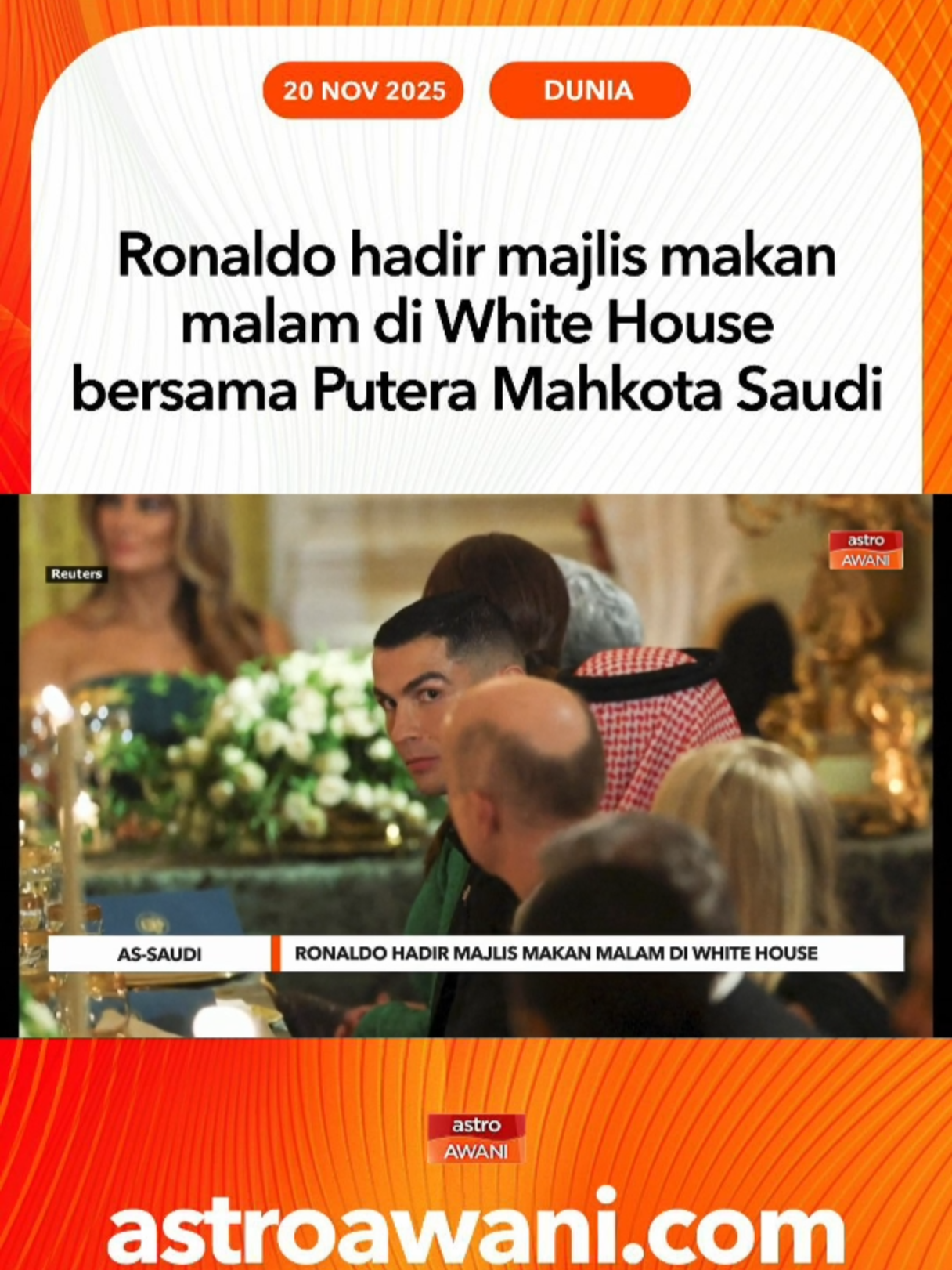 Menurut Presiden Amerika Syarikat, Donald Trump kehadiran bintang bola sepak dunia kelahiran Portugal itu membuatkan anaknya Barron sedikit lebih menghormati dirinya sebagai bapa selepas diperkenalkan kepada Ronaldo. #AWANInews