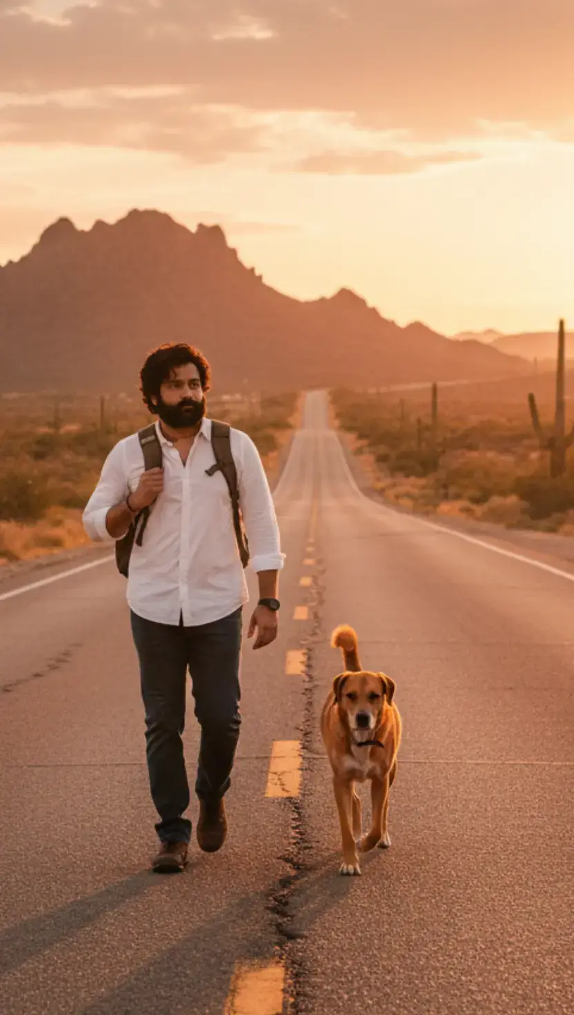 An ultra-realistic, cinematic portrait of the person (attached photo) walking along a deserted road in Arizona in the late afternoon sun. The arid landscape stretches into the background, with reddish mountains and cacti scattered across the desert. The road is long, with worn vellow stripes and heat emanating from the asphalt, creating a slight distortion in the air. The person carries a travel backpack on his shoulder, with a determined and thoughtfu expression, looking forward. Next to him walks a sensitive, medium-sized, faithful and attentive dog, maintaining the same rhythm. The stvle of the scene is cinematic, with warm light and orange tones, simulating desert sunsets. The photo is captured at a slightly low angle, highlighting the immensity of the road and skvline. The anale is horizontal (widescreen), with realistic depth of field, detailed skin texture, dust and natural light Color choice: earthy tones, warm, extreme realism, 8K quality, soft natural lighting and cinematic contrast Extra keywords: cinematic lighting, hyperrealism, detailed textures, road movie desert travel atmosphere, Arizona highway sunset glow, 85mm lens, depth of field, film grain.