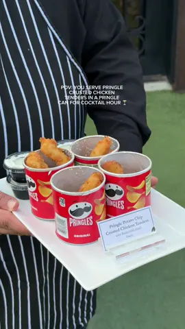 This was one of my favorite highlights of the wedding. I literally hired @Vestals Catering because I saw they served this. Pringle crusted chicken tenders in a Pringle can. It was iconic. And flippin delicious. #bride #wedding #cocktailhourfood #cocktailhourfun #weddingday 