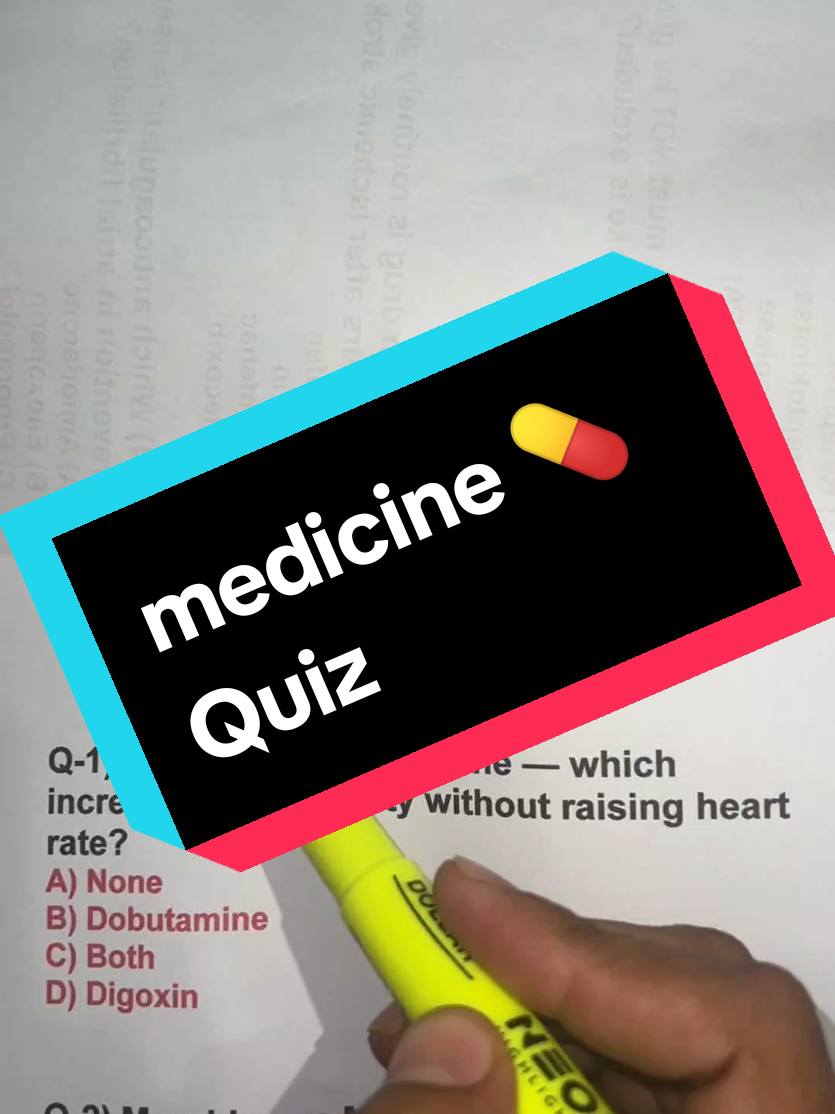 ✅ Question-1)  D) Digoxin Reason: Digoxin increases cardiac contractility by inhibiting Na⁺/K⁺-ATPase, improving calcium availability. It does NOT significantly increase heart rate—it may even slow it due to vagal stimulation. Dobutamine increases contractility but also increases heart rate, so it’s not the correct choice. ✅ Question-2) : B) Meperidine Reason: Most opioids (including morphine) cause miosis (pinpoint pupils). Meperidine is the exception: it causes mydriasis due to its anticholinergic properties. Therefore, only Meperidine causes dilation of pupils. ✅ Question-3) A) Buprenorphine Reason: Buprenorphine is a partial μ-opioid receptor agonist, producing limited opioid effect. Methadone is a full μ-agonist, used for opioid dependence maintenance. Thus, the partial agonist is Buprenorphine. ✅ Question-4) : A) Celecoxib Reason: Celecoxib is a selective COX-2 inhibitor, causing less gastric irritation and less platelet inhibition. Ketorolac is a non-selective NSAID with strong COX-1 inhibition. Therefore, only Celecoxib is COX-2 selective. ✅ Question-5) B) Oxcarbazepine Reason: Oxcarbazepine is more likely to cause hyponatremia due to SIADH-like effects. Carbamazepine also causes hyponatremia, but Oxcarbazepine has a higher risk. This makes option B the correct answer. ✅ Question-6)  C) Heparin Reason: Unfractionated Heparin (UFH) requires aPTT monitoring because its effect is variable. Enoxaparin (LMWH) has predictable pharmacokinetics, so routine monitoring is not required. ✅ Question-7)  A) Clarithromycin Reason: Clarithromycin causes less GI upset than Erythromycin because it has less motilin receptor stimulation. However, it has stronger CYP450 inhibition, increasing drug interactions. So Clarithromycin fits both criteria in the question. ✅ Question-8) Clonidine Reason: Clonidine is an α2-agonist that suppresses sympathetic outflow. Sudden withdrawal causes a rebound surge of catecholamines, leading to severe hypertension. Prazosin does NOT cause rebound hypertension when stopped. > Disclaimer: This video is for educational purposes only. It does not provide medical advice. Always consult a qualified healthcare professional for medical concerns. 🎙️ Voice narration generated with AI (Adam – ElevenLabs). #medusachallenge #Usa #nursingstudent #quiz #pharmacist 