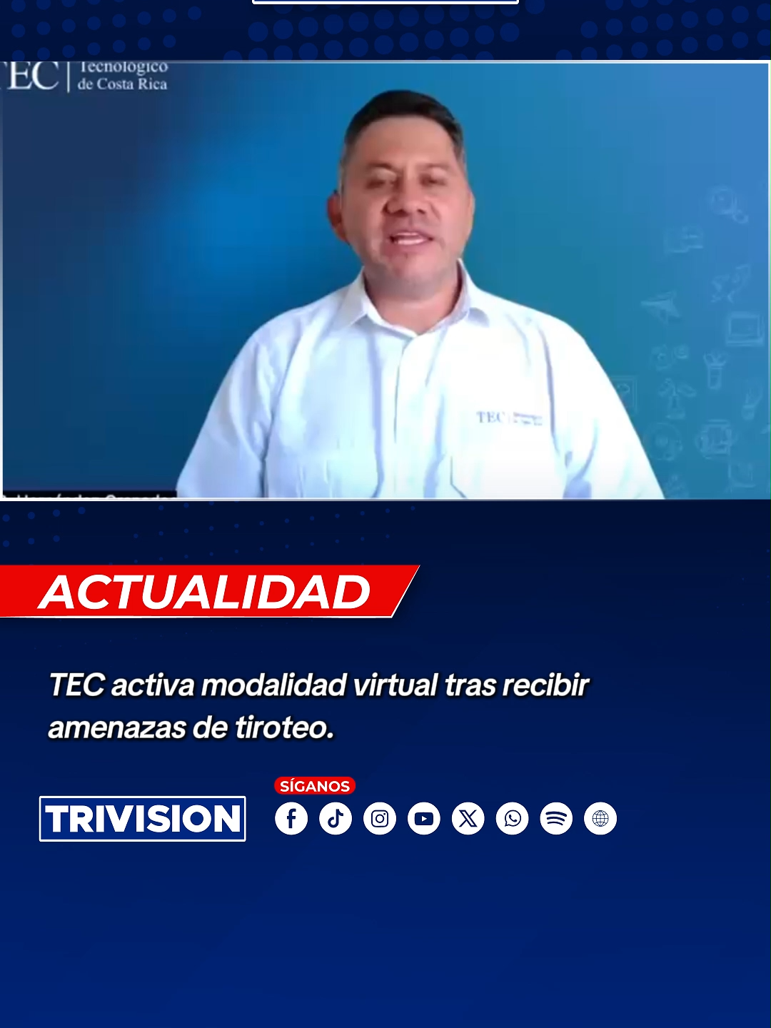 🔴 #NoticiasTrivisión | El Tecnológico de Costa Rica (TEC) informó que en los últimos días la institución ha recibido amenazas de tiroteo, las cuales están siendo investigadas por las autoridades. Como medida preventiva, el TEC ha activado protocolos de seguridad y ha dispuesto la transición temporal de sus actividades académicas a la modalidad virtual.