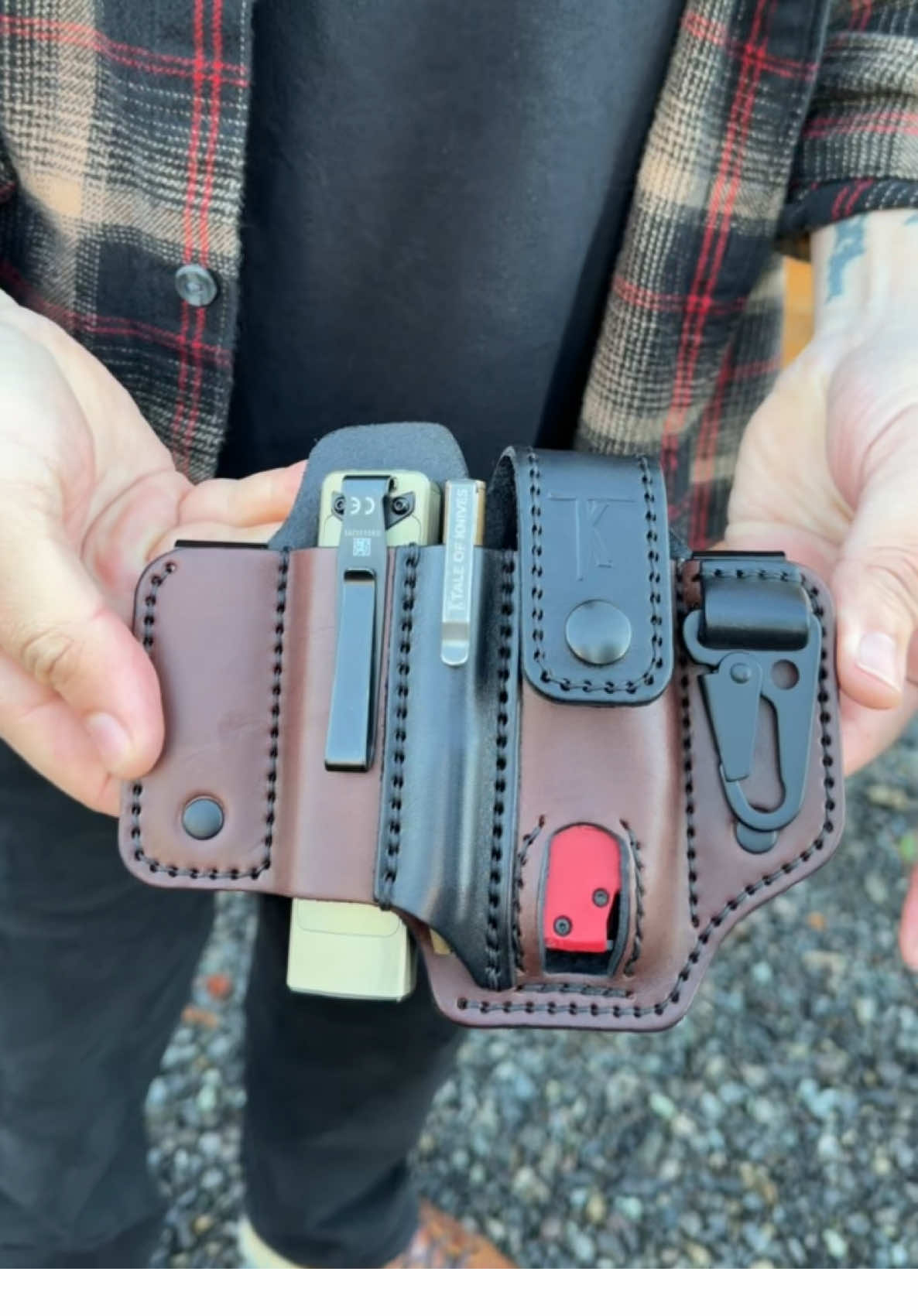 Got tools? Carry with confidence with Tale of Knives leather goods Gear up your multitool and flashlight in one accessible belt sheath. #trades #trucks #semi #milwaukeetools #tools Shop handmade leather tool sheaths at www.taleofknives.com and upgrade the way you carry today.