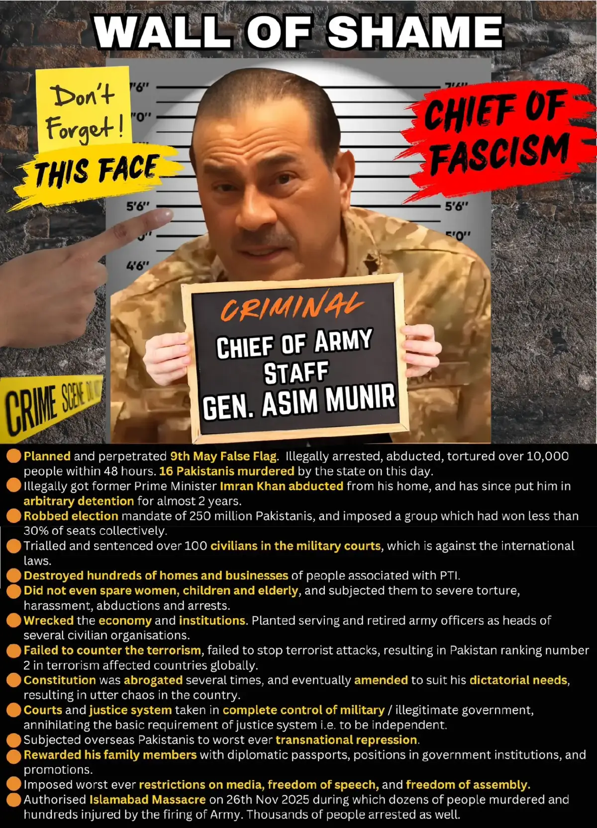 ‏ جو شخص قوم کی مائوں اور بہنوں کو گھسیٹنے کے آرڈر دیتا ہے، وہ قوم کا مجرم ہے۔ وہ قوم کو نامنظور ہے!