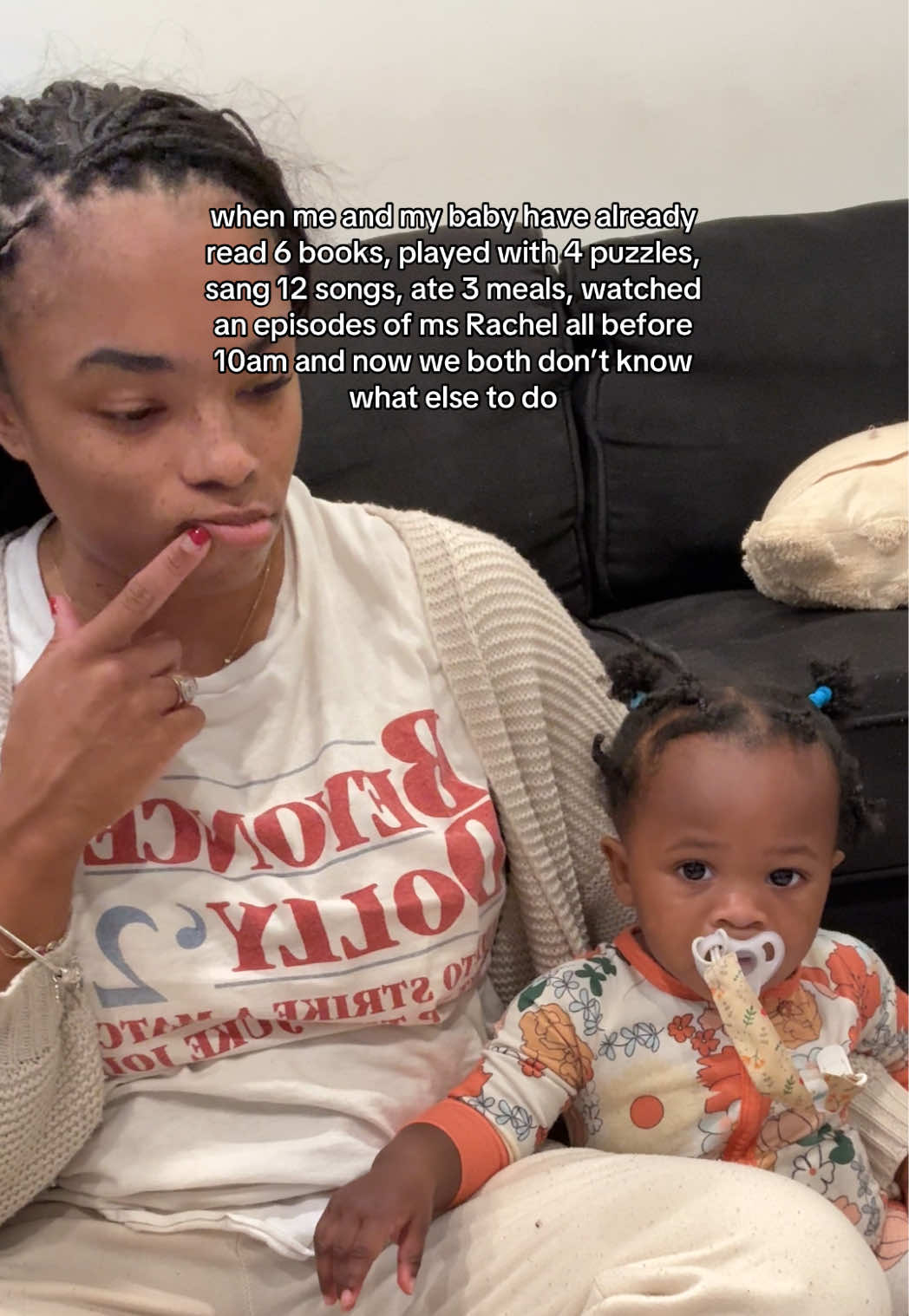 Both of our hair explains the morning we’ve had already 🥴🫩 how bout a nap ? Perhaps?👀 #momlife #momhumor #babylifesharing #sahmlife #sahmhumor 