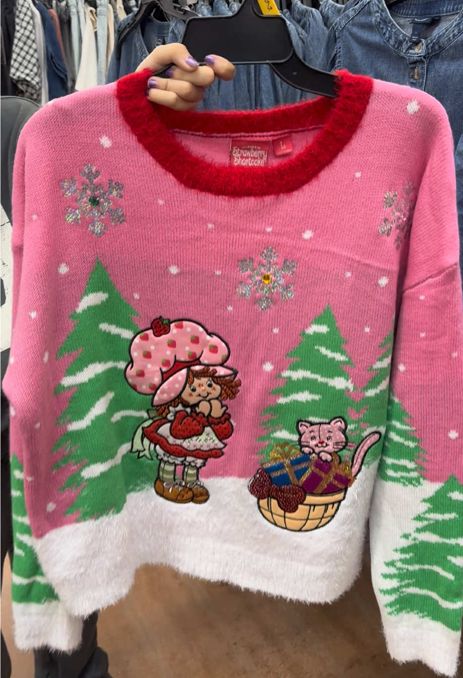 Super cute @Strawberry Shortcake ugly sweater !!! This is a must have so freaking cute !!!! #christmassweater #strawberryshortcake #tistheseason @Walmart  