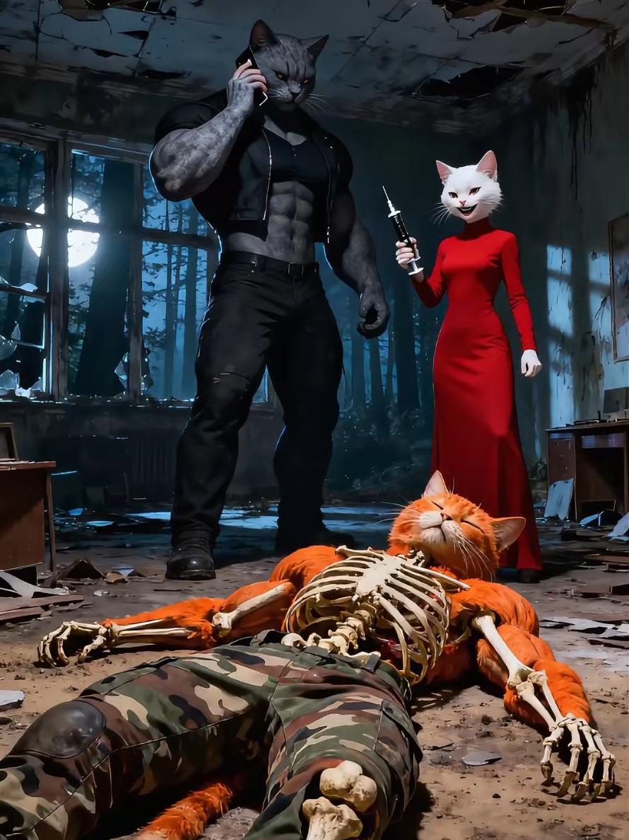 القط مياو 🐱 يقع في فخّ القطة البيضاء والقط الرمادي!🔥 ويتحوّل إلى هيكل عظمي بشكل مفاجئ! | الجزء الأول #orangecat #aicat #cat #catstory #viral 