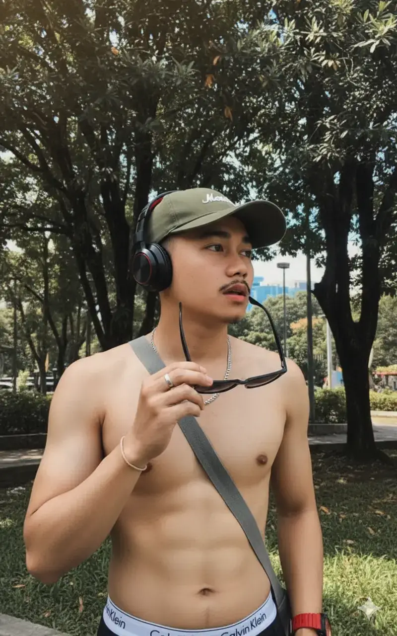 Potret sebatas pinggang seorang pria yang diambil dengan kamera ponsel, dengan sedikit zoom, dalam gaya luar ruangan kasual. Mengenakan: kupluk rajutan hijau tua dengan desain terlipat dan terstruktur dengan baik; headphone Marshall hitam di atas kupluk; kacamata hitam berbingkai tebal; bertelanjang dada; tali tas kain krem di bahuku. Dengan cincin jari tipis dan gelang di pergelangan tangan. Ekspresi dan pose: menghadap ke kanan. Wajah sedikit miring ke atas. Postur santai. Riasan AK PEREN: Bibir merah muda alami dan lembut dan rambut cokelat dengan poni. Latar belakang: Latar belakang terdiri dari pohon-pohon tinggi, dedaunan lebat, semak-semak di dekat sisi wajah. Dedaunan dengan nuansa hijau tua, zaitun, dan bintik-bintik matahari. Batang pohon abu-abu di latar belakang. Titik-titik kecil langit biru muncul di antara dedaunan. Kehadiran elemen perkotaan di latar belakang samar-samar, seperti tiang lampu dan bayangan. ERNAH Pencahayaan dan filter: Cahaya alami, jatuh di antara dedaunan dan menciptakan bayangan lembut H. Filter cahaya hangat dan vintage, menyoroti warna keemasan, hijau tua, dan coklat. Kualitas foto ponsel: tajam, tetapi dengan tekstur kamera ponsel yang realistis 