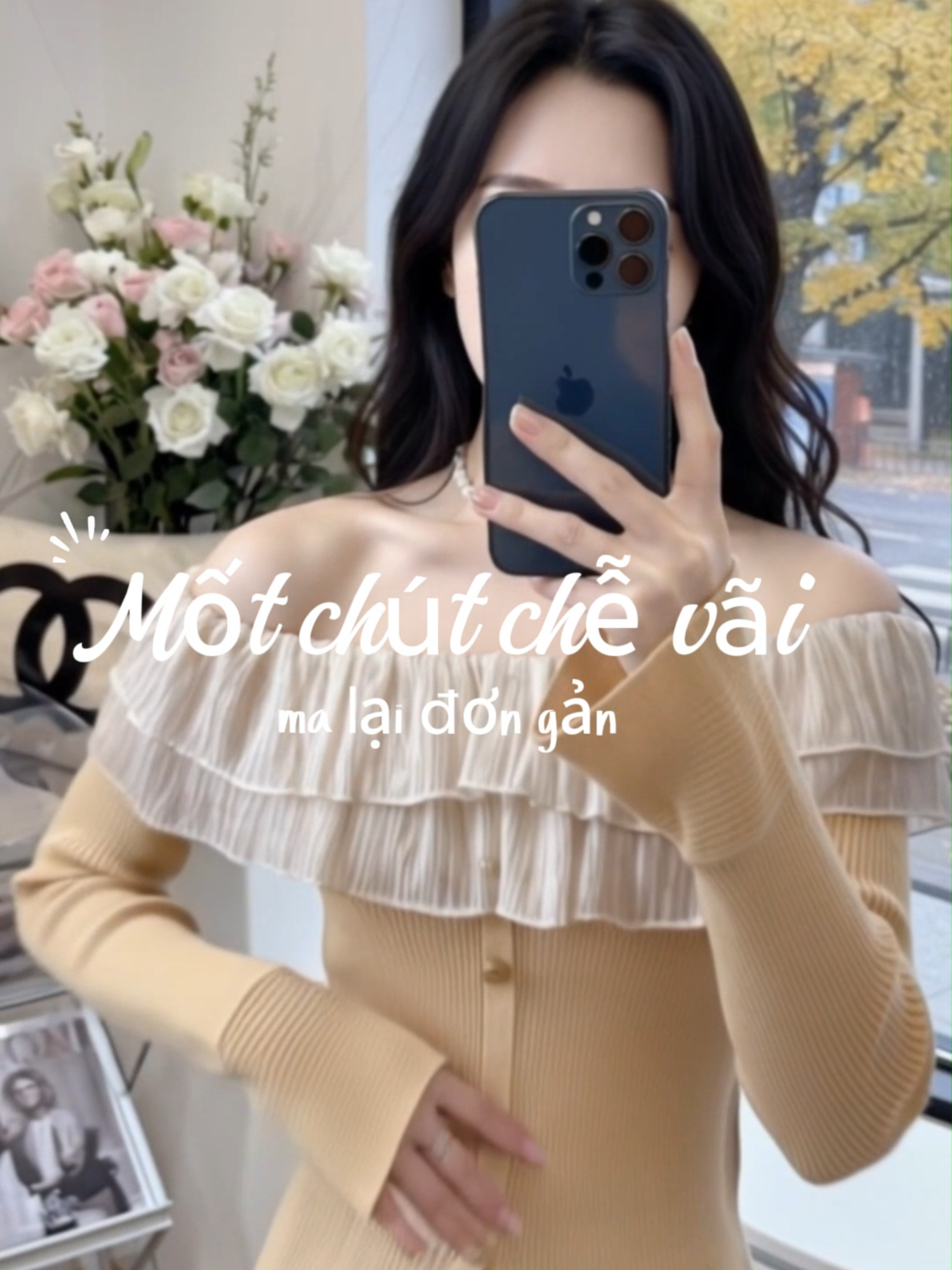 Áo Thun Dài Tay Trễ Vai Phối Bèo Tay Loe Nút Ngọc Chất  #phoidoxinh #aothun #thoitrangnu