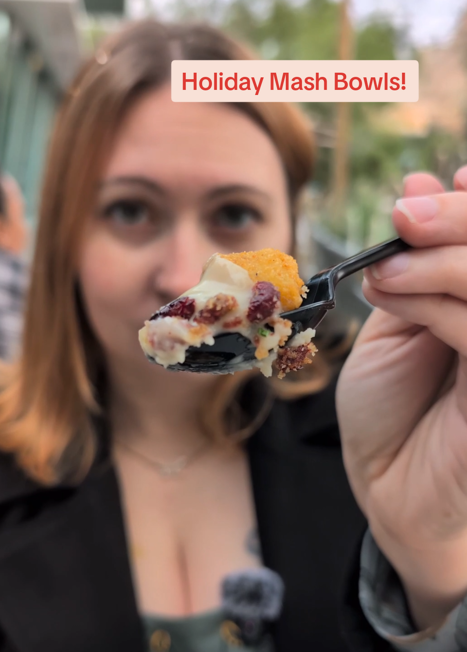 Trying two VERY similar items at the Festival of Holidays to see which one is better!  --- Holiday Mash Bowl from the Merry Mashups Booth: $9.25: Chicken, cheddar mashed potatoes, and turkey gravy with cranberry stuffing crunch  Jerry’s Junk Truck Cone: $13.49: Chopped fried chicken, garlic mashed potatoes, corn, chicken gravy, and cheese topped with green onions #disneyholidays #californiaadventure #disneyland #disneyparks #disneyfood 