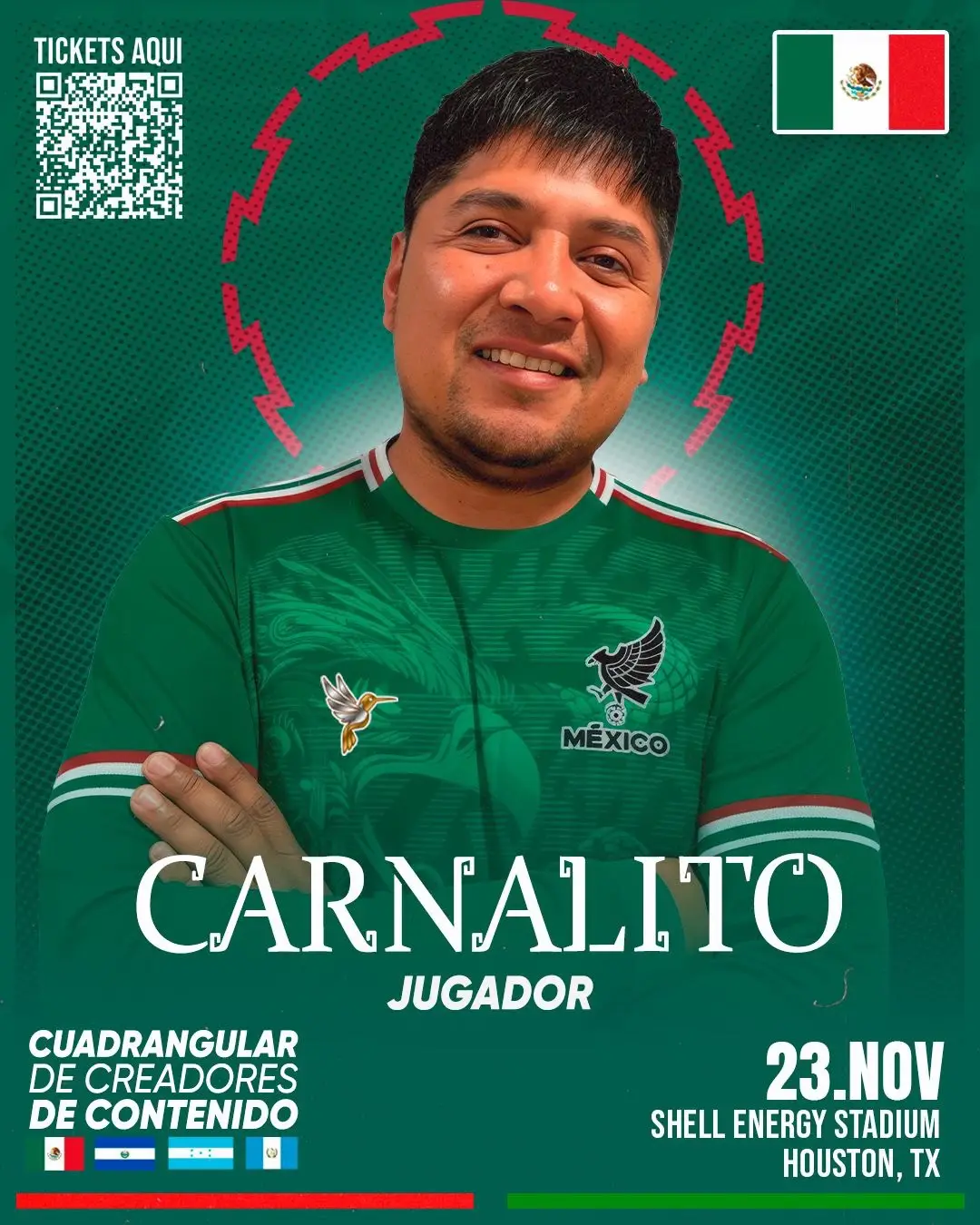 vamos México! 🇲🇽 🔥💪🏽 esre 23 de Noviembre tenemos una cita, en es estadio Shell Energy, en Houston Texas, es el cuadrangular de creadores unidos! boletos a la venta en la descripción de mi perfil. 