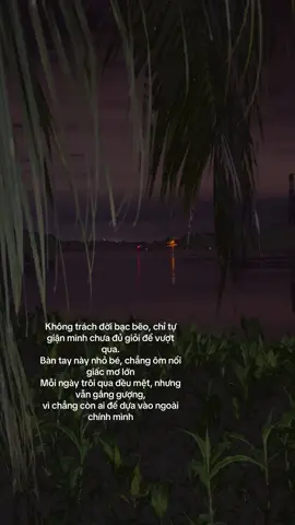 Không trách đời bạc bẽo, chỉ tự giận mình chưa đủ giỏi để vượt qua. Bàn tay này nhỏ bé, chẳng ôm nổi giấc mơ lớn Mỗi ngày trôi qua đều mệt, nhưng vẫn gắng gượng, vì chẳng còn ai để dựa vào ngoài chính mình#xuhuong #vairal 