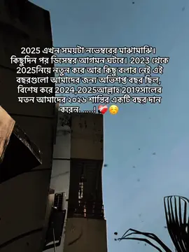 #2025 এখন সময়টা নভেম্বরের মাঝামাঝি। কিছুদিন পর ডিসেম্বর আগমন ঘটবে। 2023 থেকে 2025নিয়ে নতুন করে আর কিছু বলার নেই এই বছরগুলো আমাদের জন্য অভিশপ্ত বছর ছিল, বিশেষ করে 2024,2025আল্লাহ 2019সালের মতন আমাদের ২০২৬ শান্তির একটি বছর দান করেন. …..! ❤️‍🩹☺️#foryou 