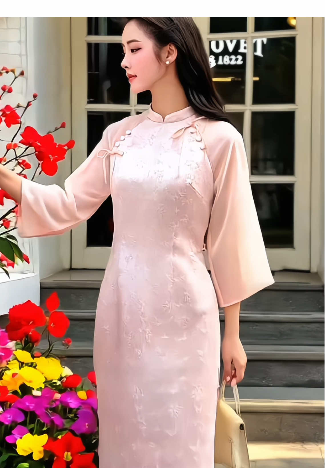 Áo Dài Gấm Châu Sa Đính Nơ #aodaitet #aodaidep #tiktokshop #thoitrangnu #outfit 