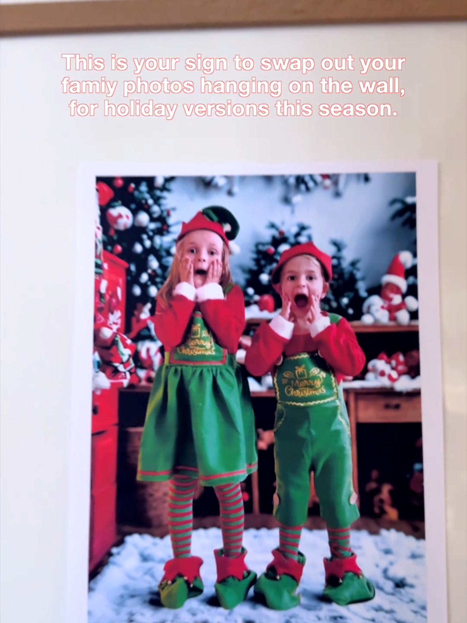 I’m not kidding, it changed the whole vibe of the house. I took pics of the kids in their elf outfits, popped them into @canva, removed the background, and let the AI background generator add a Christmas scene. Instant magic. Such an easy way to make the house feel holiday ready without buying a single new decoration. FESTIVE PHOTO SWAP MOM HACK 🎄✨ 🔶 Research shows that little changes in your child’s environment boost joy, connection, and shared family rituals 🔶 Visual traditions help kids build long lasting memories 🔶 Playful surprises increase cooperation and positive behavior #christmasphotohack #holidayphotohack #canvahack #familyphotohack #holidayhack #familyphotos #diychristmasdecor #easychristmasdecor