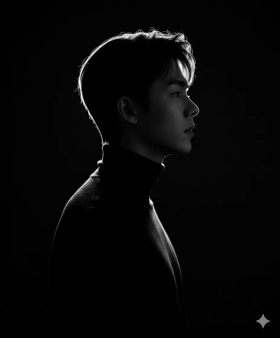 A powerful, high-contrast black-and-white frontal profile portrait of a person (attached photo), with distinctly human yet timeless features—emerging from utter darkness. The composition is minimalist and sculptural, where shape, light, and shadow define the subject, rather than color or texture. The subject's profile is clean and strong, their expression contemplative, as if caught between thought and transcendence. They wear a fitted dark turtleneck sweater that blends seamlessly into the black void, obliterating all detail except the shimmering edges of their silhouette. A single, narrow-edged light, bright, sharp, and directed, carves out the shape of the head, neck, and shoulders, tracing the contours with precision. The light comes from directly behind and slightly above the subject, creating a thin, luminous halo along the jawline and the curve of the skull, while the rest dissolves into the inky black. The background is pitch black, a void devoid of texture or depth, emphasizing the luminous boundary between shadow and light. There are no midtones, just a deep black and deliberate contrast, which only enhances the drama and abstraction of the brightest white.  Mood & Aesthetic: Minimalist, conceptual, and deeply introspective. This image evokes solitude, contemplation, and timeless elegance. It feels cinematic yet intimate through light. An exploration of identity. Technical Details: Shot with a telephoto lens for a compressed perspective. Wide-open aperture (f/1.8-2.8) creates shimmering contours with a shallow depth of field. Optical Realism: Rendered with ultra-realistic 8K cinematic quality, combining true lens physics, depth of field, and subtle film grain, with good front lighting. (Use my image as a reference)#gemini #ai #aiart #photo #fyp 