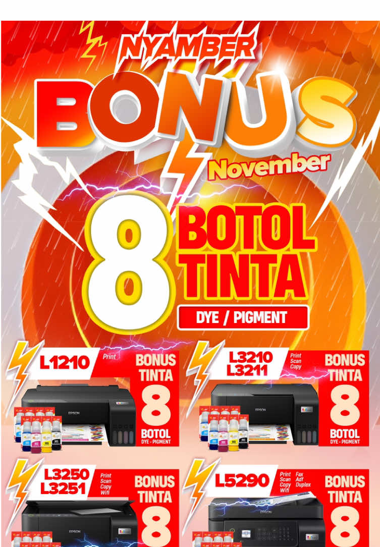 Di promo nyamber november ini setiap pembelian printer Epson L1210, L3210/L3211, L3250/L3251, dan L5290 langsung dapat 8 TINTA DYE ELKASA GRATISSS!!!🤩 • #promo #epsonecotank #tintaepson #bonus #printer 