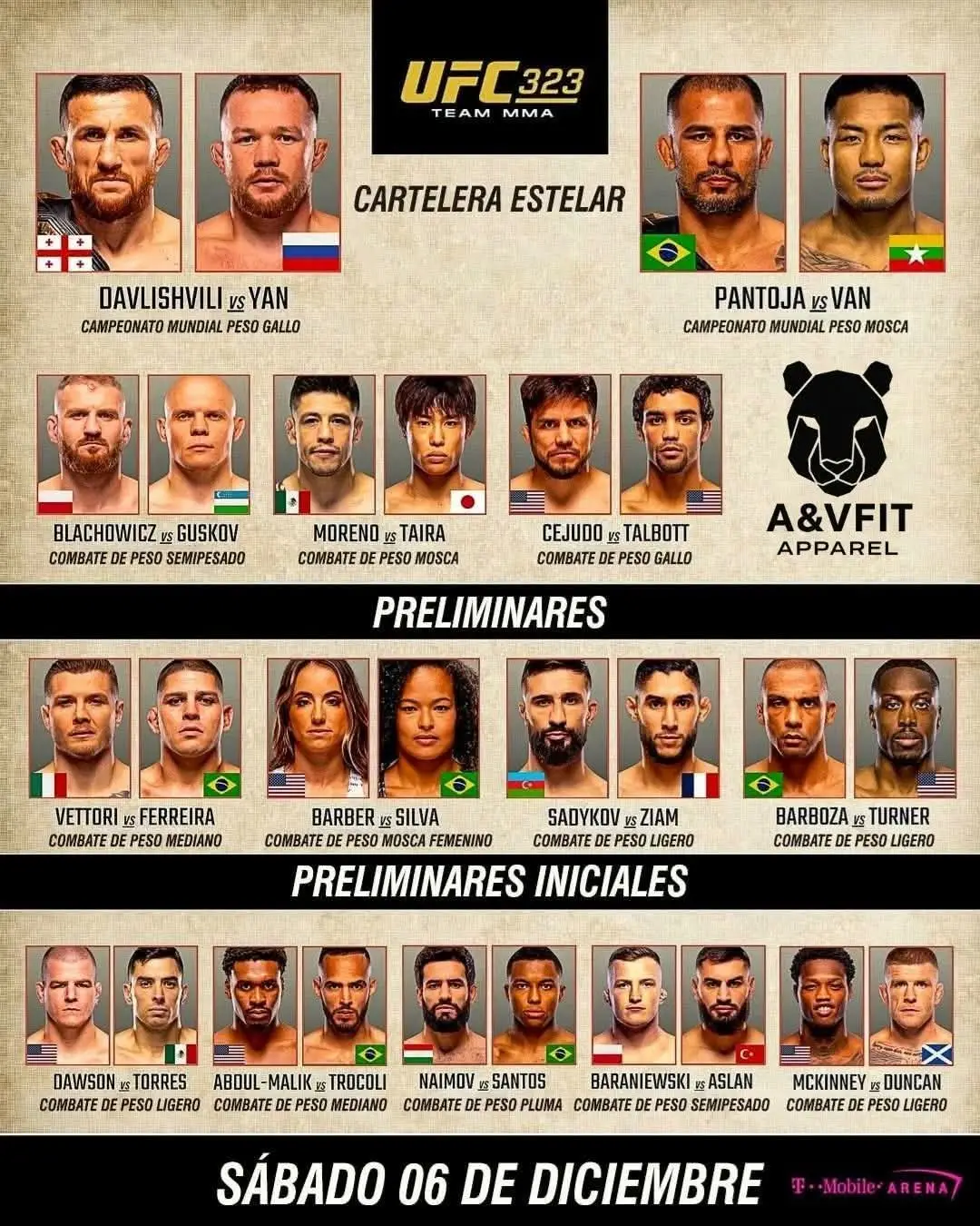 Date: December 6, 2025 Location: Las Vegas, Nevada Venue: T-Mobile Arena 🚨Fight Card & Start Times Below🚨 Main Card LIVE on ESPN+ at 10pm ET: Merab Dvalishvili (21-4) vs. Petr Yan (19-5) - For Bantamweight Title Alexandre Pantoja (30-5) vs. Joshua Van (15-2) - For Flyweight Title Jan Blachowicz (29-11-1) vs. Bogdan Guskov (18-3) Brandon Moreno (23-8-2) vs. Tatsuro Taira (17-1) Henry Cejudo (16-5) vs. Payton Talbott (10-1) Prelims LIVE on ESPN+ at 8pm ET: Maycee Barber (14-2) vs. Karine Silva (19-5) Grant Dawson (23-2-1) vs. Manuel Torres (16-3) Terrance McKinney (17-7) vs. Chris Duncan (14-2) Nazim Sadykhov (11-1-1) vs. Farés ZIAM (17-4) Prelims LIVE on ESPN+ at 6pm ET: Muhammad Naimov (13-3) vs. Mairon Santos (16-1) Marvin Vettori (19-8-1) vs. Brunno Ferreira (14-2) Edson Barboza Jr (24-13) vs. Jalin Turner (14-9) Iwo Baraniewski (6-0) vs. Ibo Aslan (14-3) Mansur Abdul-Malik (8-0-1) vs. Antonio Trócoli (12-5) #UFC323 #TwoTitleFights #UFC #UltimateFightingChampionship 