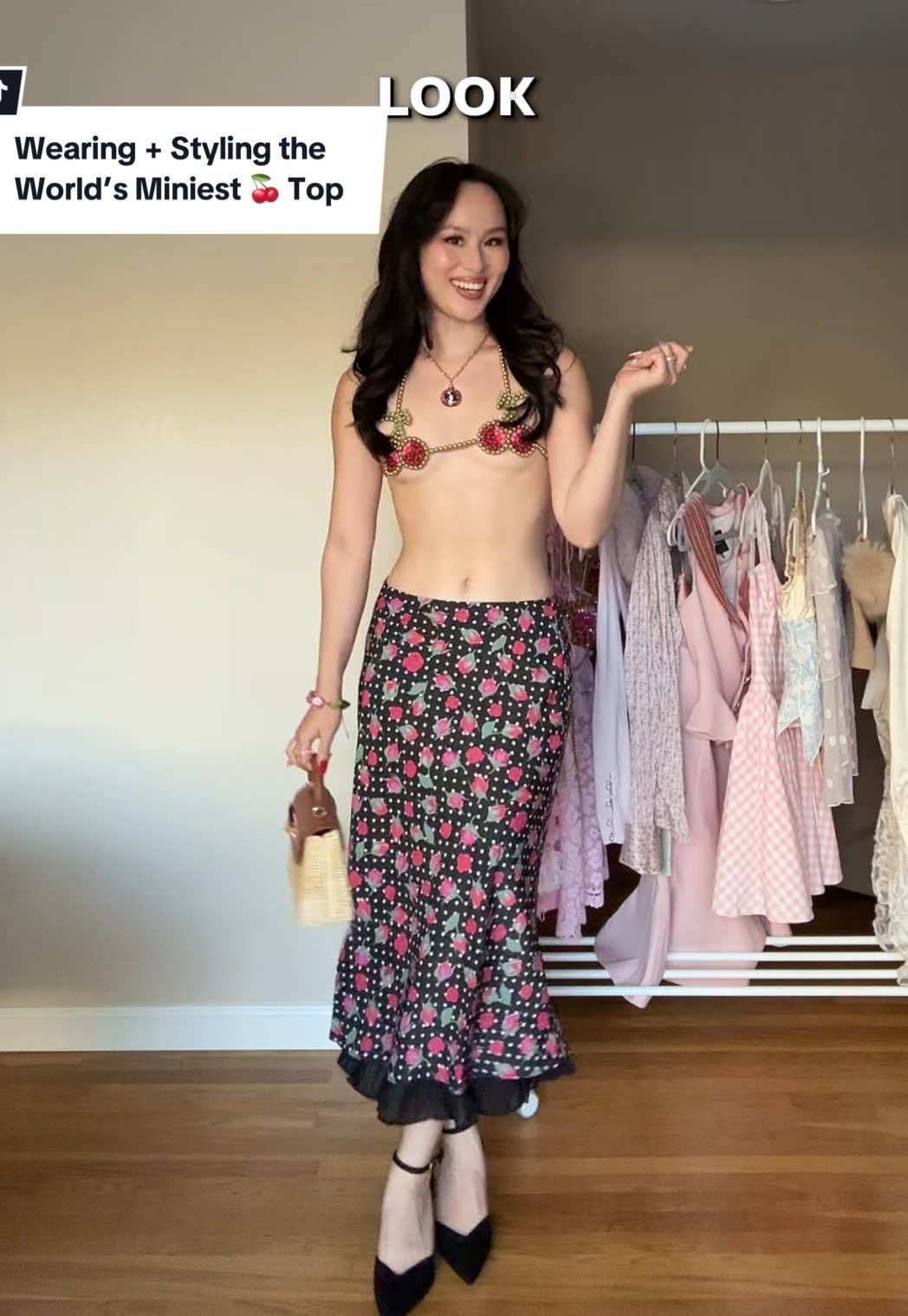 Let’s try on the world’s miniest cherry top! 🍒 rate the final look from 1-10! #microminitop #minicherrytop #beadedtop #stylingreels #stylinginspo micro mini beaded cherry top outfit idea fashion inspo