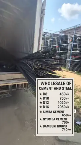 GENERAL HARDWARE PRODUCTS! BEI YA MWANANCHI! Free & Fast Deliveries/Supplies Countrywide. PRICE LIST STEEL D8-Ksh. 450 D10-Ksh. 750 D12-Ksh. 1020 D16-Ksh. 2050 D20-Ksh. 2500 Binding Wire- Ksh. 2,900 ROUND BARS R12- Ksh. 1250 R10- Ksh. 750 R8- Ksh. 580 R6- Ksh. 210 Hoop Iron/Wallpass Roll-Ksh. 1900 Polythene Paper Roll (1000G) Ksh. 1800 CEMENT Simba Cement Ksh. 650 Bamburi Cement (Nguvu) Ksh. 750 MABATI (GAUGE 30) Normal/Corrugated Mabati Ksh. 300 Per Meter (Maisha/Nyumba) Box Profile Mabati Ksh. 380 Per Meter (Maisha/Nyumba) Dumuzas Mabati (MRM) Ksh. 420 Per Meter Versatile Mabati Ksh. 520 Per Meter (Maisha/Nyumba) FLOOR TILES 40*40 (12Pcs) Ksh. 760 30*30 (17Pcs) Ksh. 620 50*50 (7Pcs) Ksh. 1030 60*60 (4Pcs) Ksh. 1210 WALL TILES 20*30 (25PCS) Ksh. 520 25*40 (15Pcs) Ksh. 530 GYPSUM Gypsum Boards (9mm) Ksh.  520 Channels Ksh. 150 Studs Ksh. 150 Gyproc Filler Ksh. 1120 Corner Tape Ksh. 830 Gypsum Screws Ksh. 540 TUBES ¾- Ksh. 450 ¾ *3/4- Ksh. 460 1*1- Ksh. 550 1.5*1- Ksh. 750 1*1/4 by 1*1/4 Ksh.  760 1.5*1.5- Ksh. 890 2*1-Ksh. 910 2*2- Ksh. 1500 TEE 3/4- Ksh. 560 FLAT 3/4- Ksh. 210 ZED 3/4- Ksh. 810 ANGLE 3/4- Ksh. 660 Grinding Disc (ABRA) 7