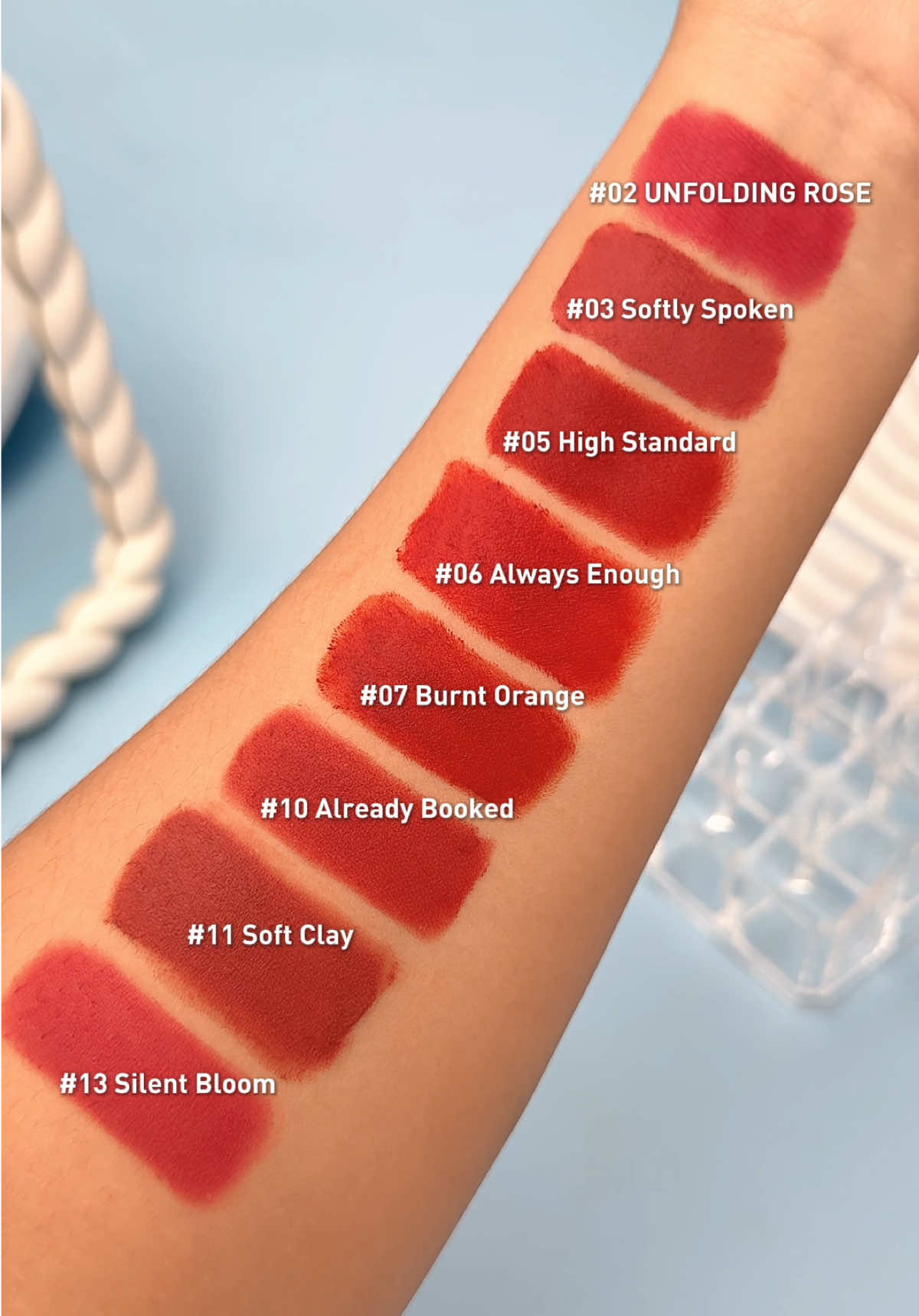Something about these swatches …😮‍💨🫶🏼 3CE LIPSTICK SEGI TIGA 💗 ✏️ One Glide Intensity ✏️ Vibrant matte colour impact ✏️ Ultimate silky comfort 💕3CE Lipstick Segi Tiga Shades 💕 # 02 Unfolding Rose 🌹 # 03 Softly Spoken 💭 # 05 High Standard 💃 # 06 Always Enough ❤ # 07 Burnt Orange 🍊 # 10 Already Booked ☕ # 11 Soft Clay 🤎 # 13 Silent Bloom 🌸 #3CEMY #3CEMALAYSIA #3CELIPSTIKSEGITIGA