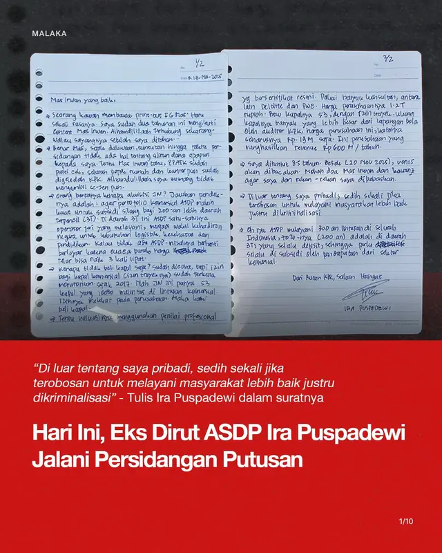 Kasus akuisisi JN oleh ASDP sedang menunggu putusan.  Di tengah proses itu, Ira Puspadewi menulis surat dari rutan KPK berisi kronologi, bantahan, dan alasan kenapa keputusan akuisisi diambil. Tentu, keputusan yang dibuat untuk melayani masyarakat tidak boleh dikriminalisasi.  Mari baca isi suratnya dan bersama-sama melihat dan menyikapi perkara ini dengan jernih.
