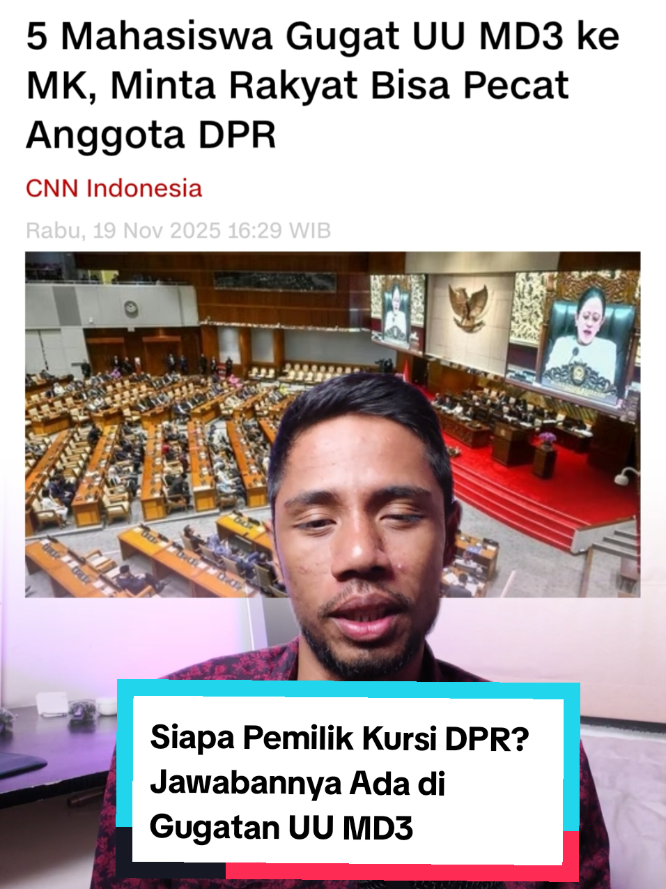 Lima mahasiswa gugat MD3. ‎Mereka minta MK ubah pasal yang bikin cuma partai bisa nyopot DPR. ‎Pertanyaannya simpel: ‎‘Ini negara milik rakyat atau milik partai?’” ‎ ‎#GugatanMD3 #RecallDPR #FYP #FYPIndonesia #MK2025