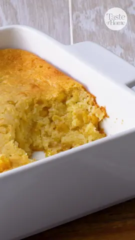 This corn casserole is a simple Thanksgiving side dish that needs just five minutes of prep! Find the recipe below: Ingredients 2 large eggs, room temperature, lightly beaten 1 can (15-1/4 ounces) whole kernel corn, drained 1 can (14-3/4 ounces) cream-style corn 1 cup (8 ounces) sour cream 1/2 cup butter, melted 1 package (8-1/2 ounces) corn bread/muffin mix Directions Preheat oven to 350°. In a large bowl, combine all ingredients. Pour into a greased 2-qt. baking dish. Bake until lightly browned, 45-50 minutes. Serve warm. #corncasserole #thanksgivingside #thanksgivingsidedish #sidedish