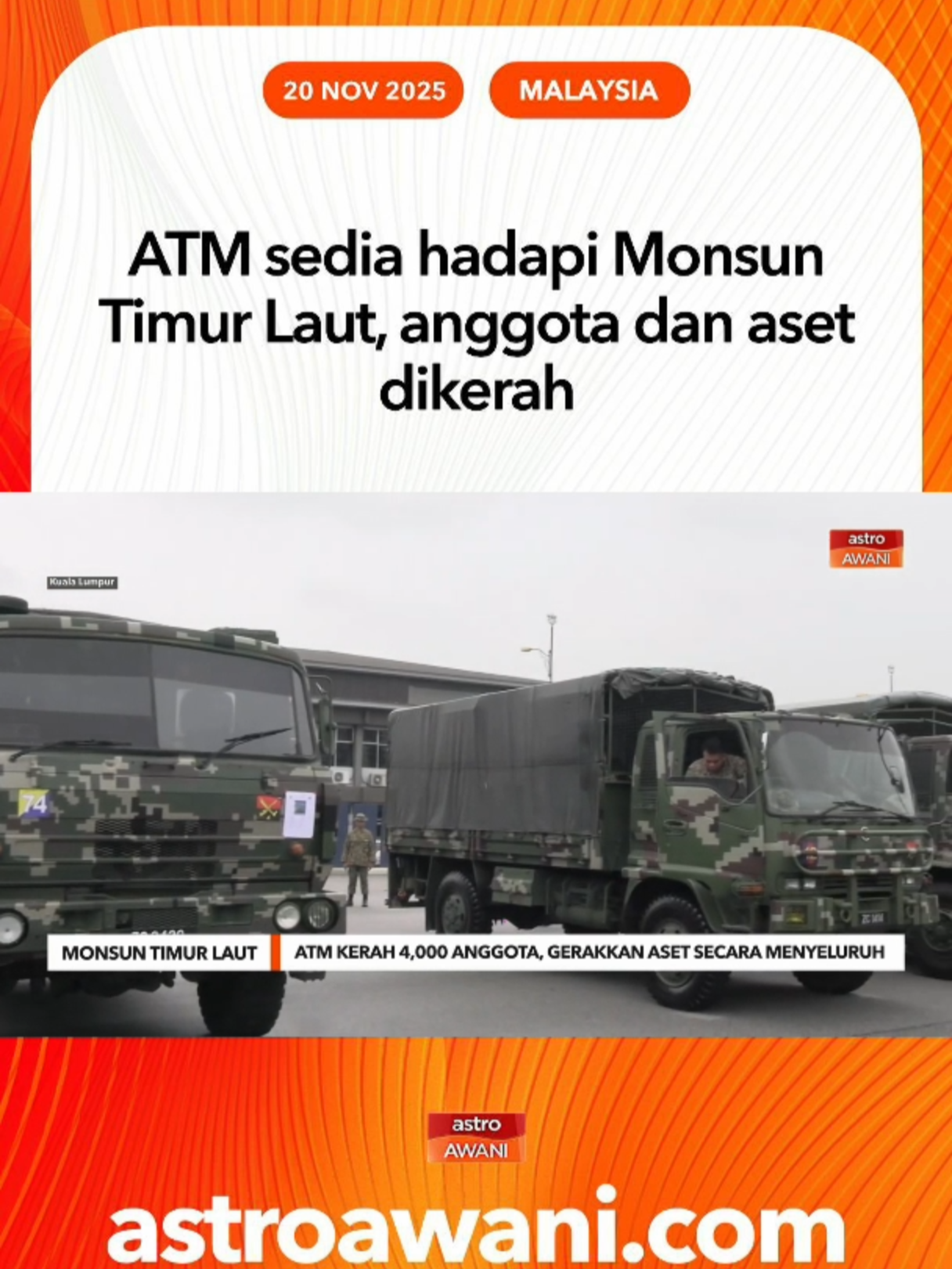 Koordinasi aset dan anggota ATM kini digerakkan secara menyeluruh menerusi Operasi Murni (Op MURNI) bagi menghadapi kemungkinan banjir seluruh negara. #AWANInews