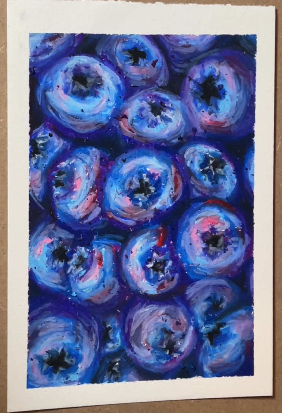 Here is the full sped-up version for those who might want to see! 🫐 Listened to this song while making it and felt like I was in a medieval fantasy novel. 🏰⚔️ #oilpastel #painting #blueberry #goldenbrown #artwork 