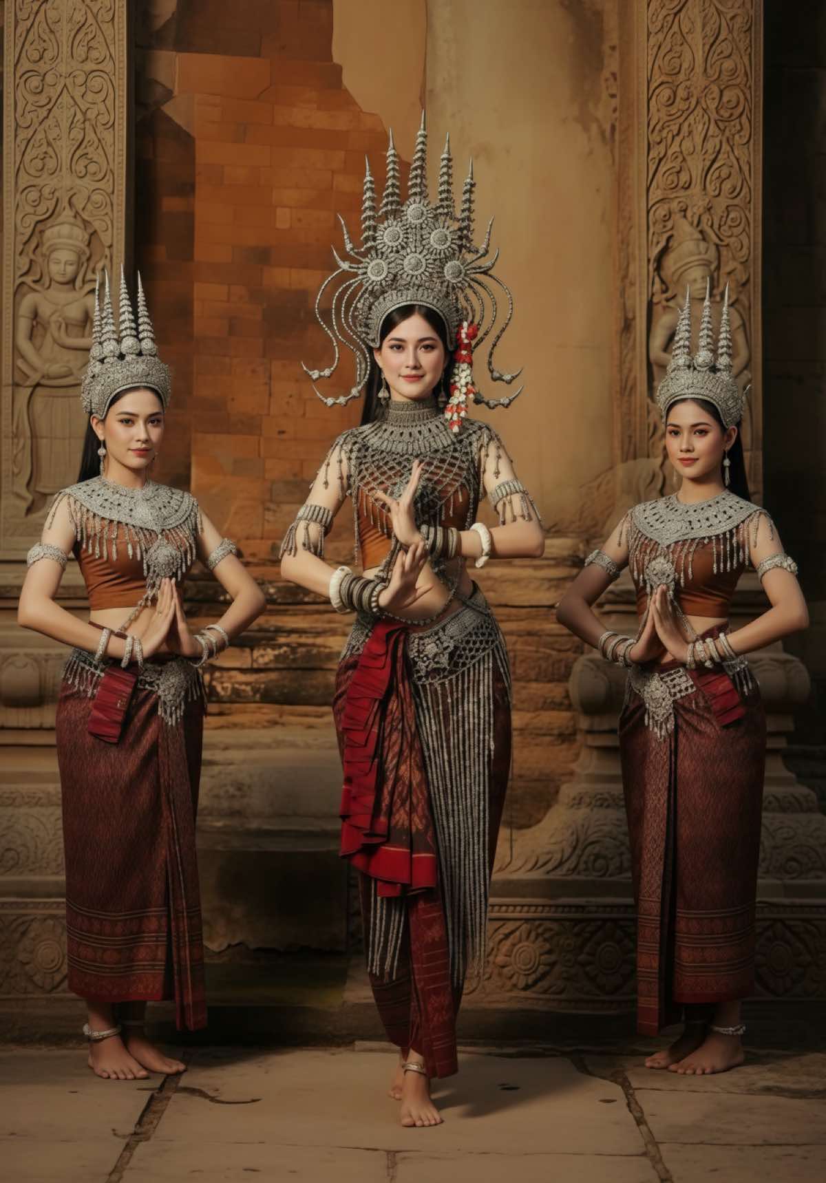 🌾 อัปสราอีสานใต้ – นางฟ้าแห่งดินแดนโคตรบูรพา อัปสราอีสานใต้ คือร่างงามของนางฟ้าที่ผสานศิลปะขอม–อีสานเข้าด้วยกันอย่างลงตัว เธอเกิดจากสายลมหอมของป่าดงพญาเย็น เสียงพิณแคน และเงาแสงของปราสาทหินพิมาย–พนมรุ้ง 👑 ลักษณะ 	•	ผิวสีนวลทองแบบนางในศิลปะขอม 	•	คิ้วโก่งดั่งคันศร ริมฝีปากเล็กแดงแบบดอกชบา 	•	ดวงตาเรียวยาว อ่อนหวานแต่ทรงพลัง 👗 เครื่องประดับ 	•	มงกุฎขอมยอดสูง มีลายกนกเปลวไฟและลายประจำยาม 	•	สังวาลทองประดับลูกปัดแก้วสีแดงและเขียวแบบอีสานใต้ 	•	ผ้านุ่งไหมมัดหมี่ลายโบราณ เช่น “ลายลูกแก้ว” หรือ “ลายกาบ” 💃 ท่วงท่า 	•	มือเรียวอ่อนช้อยแบบอัปสรา แต่เพิ่มความพลิ้วแบบรำกันตรึม 	•	ปลายนิ้วตั้งฉาก ละมุนละไม มีกลิ่นไอพิธีกรรมโบราณ 🌺 พลังและความหมาย 	•	เป็นผู้อุปถัมภ์ด้าน ความงดงาม เสน่ห์เมตตามหานิยม และโชคลาภจากผืนดิน 	•	ปกป้องผู้ศรัทธาด้วยพลังแห่ง “แสงอรุณที่ส่องผ่านประตูทิศตะวันออก🪷” ขอบพระคุณชุดต้นแบบจากห้องเสื้อชาวไทยอันงดงามของแต่ละจังหวัดเจ้าค่ะ #อัปสรา #thaiculture #thailandtravel #thaicostume #อีสานใต้ 