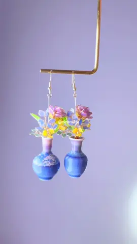 New - purple rose blue hydrangeas in vase earrings #giftideas #handmadejewellery #flowersearrings #originaldesign 