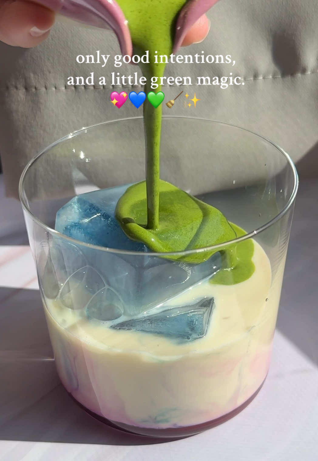 @Wicked: For Good because it’s wicked week, another inspired, why not right?! Hoping to see it this weekend with my daughter 🥹💖💚✨ Only good intentions… that’s how this drink started. A layer of homemade dragon fruit syrup at the bottom, blue butterfly pea ice swirling through the middle, and Elphaba’s matcha magic poured right on top 💖💙💚✨ @The Roasters Pack Day 2: using @Genuine Tea 4gs Use code WITHSYL for discount, don’t want to miss out they’re almost gone 😉 @Sen & Sora Ceramics magenta chawan @Silv.Stuff moon sifter and rods @lovemysilk soymilk #matcha #wicked #fypシ #fypシ #wickedmovie               