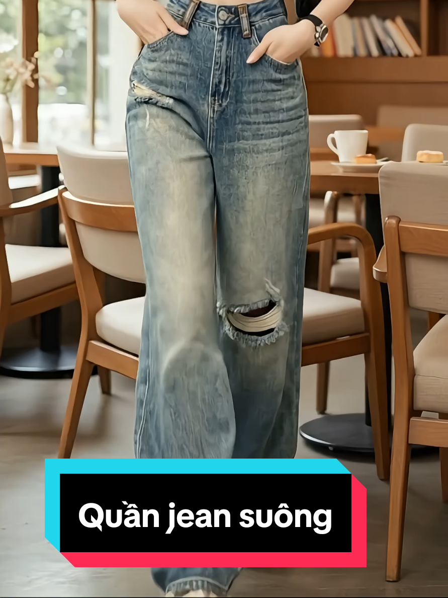 Quần jean suông ống rộng cạp cao rách gối @Thủy Shop 