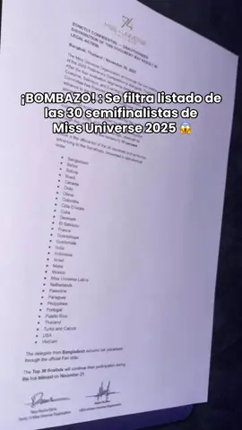 ¡No estaría Venezuela!🙀 Se filtró un presunto documento interno de la Organización #MissUniverse que revelaría el posible Top 30 de semifinalistas para la edición 2025 en Tailandia. La veracidad del archivo aún no ha sido confirmada, pero el contenido ya está generando debate entre los fanáticos del certamen a nivel mundial.  #chile #missuniversethailand #innamoll
