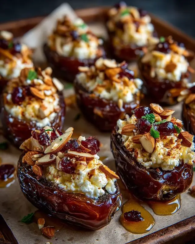 Baked Feta Stuffed Dates with Honey & Almonds  Ingredients For the Dates 12 large Medjool dates, pitted 4 oz feta cheese, crumbled 1 tbsp cream cheese (optional, for extra creaminess) For Topping 2 tbsp honey 2 tbsp chopped almonds (toasted if possible) Pinch of cinnamon (optional) Directions Prepare the Dates Preheat oven to 375°F (190°C). Slice each date open lengthwise and remove the pit if not already pitted. Stuff the Dates Mix feta with cream cheese (optional) for a smoother filling. Spoon a small amount into each date and gently close them. Bake Place dates on a parchment-lined tray. Bake for 8–10 minutes until warmed through and slightly caramelized. Finish Drizzle generously with honey. Sprinkle chopped almonds over the top. Add a pinch of cinnamon if you want extra warmth. Serve Enjoy warm as an appetizer or sweet-savory snack. Nutritional Info (Approx per 2 dates) Calories: 160 Protein: 3g Carbohydrates: 27g Fat: 5g Fiber: 3g Sugar: 23g
