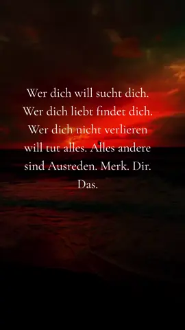 Wer dich will sucht dich. Wer dich liebt findet dich. Wer dich nicht verlieren will tut alles. Alles andere sind Ausreden. Merk. Dir. Das.