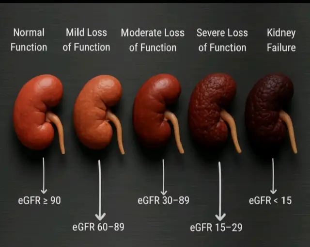 The 5 stages of kidney failure, also known as end-stage renal disease (ESRD), are defined by the percentage of kidney function remaining, which is measured by the glomerular filtration rate (GFR). The stages range from mild damage with normal function to complete kidney failure. Here are the five stages of kidney failure: 1. Stage 1: Kidney damage with normal or increased GFR (2 90 ml/min/1.73 m²). At this stage, the kidneys have lost about 10% of their function. There might be signs of kidney damage, like protein in the urine. 2. Stage 2: Mild reduction in GFR (60-89 ml/min/1.73 m²). The kidneys can lose up to 40% of their function in this stage. You might not feel sick, but you could have high blood pressure or kidney issues. 3. Stage 3: Moderate decrease of GFR (30-59 ml/min/1.73 m²). This stage is split into 3a (45-59 ml/min/1.73 m²) and 3b (30-44 ml/min/1.73 m²). You might feel tired, swell up, or have changes in how often you go to the bathroom. 4. Stage 4: Severe reduction in GFR (15-29 ml/min/1.73 m²). By stage 4, you are experiencing severe kidney damage and may have lost up to 85% of your kidney function. You might feel anemic, have bone problems, or hold more fluid. 5. Stage 5: Kidney failure (GFR < 15 ml/min/1.73 m²). This is considered to be complete kidney failure, where people in this stage have lost more than 85% of their kidney function. Treatments like dialysis or a transplant to live will be needed. It's important to note that chronic kidney disease doesn't progress at the same rate for everyone. Regular monitoring and management can help slow the progression of kidney disease.